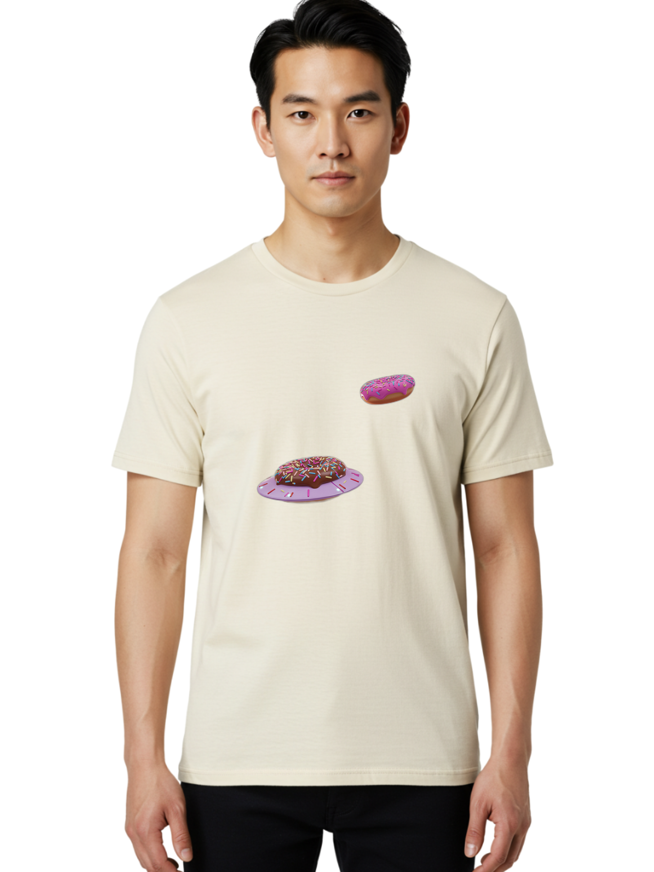 Donuts-With-Sprinkles Men'S Graphic Tee, 100% Cotton, Comfortable Casual Summer Wear, Machine Washable, Donuts In Mid-Air, Chocolate Donut With Sprinkles, Pink Frosting And Sprinkles, Sweet Treats, Dessert Delights, Tasty Pastries, Bab881