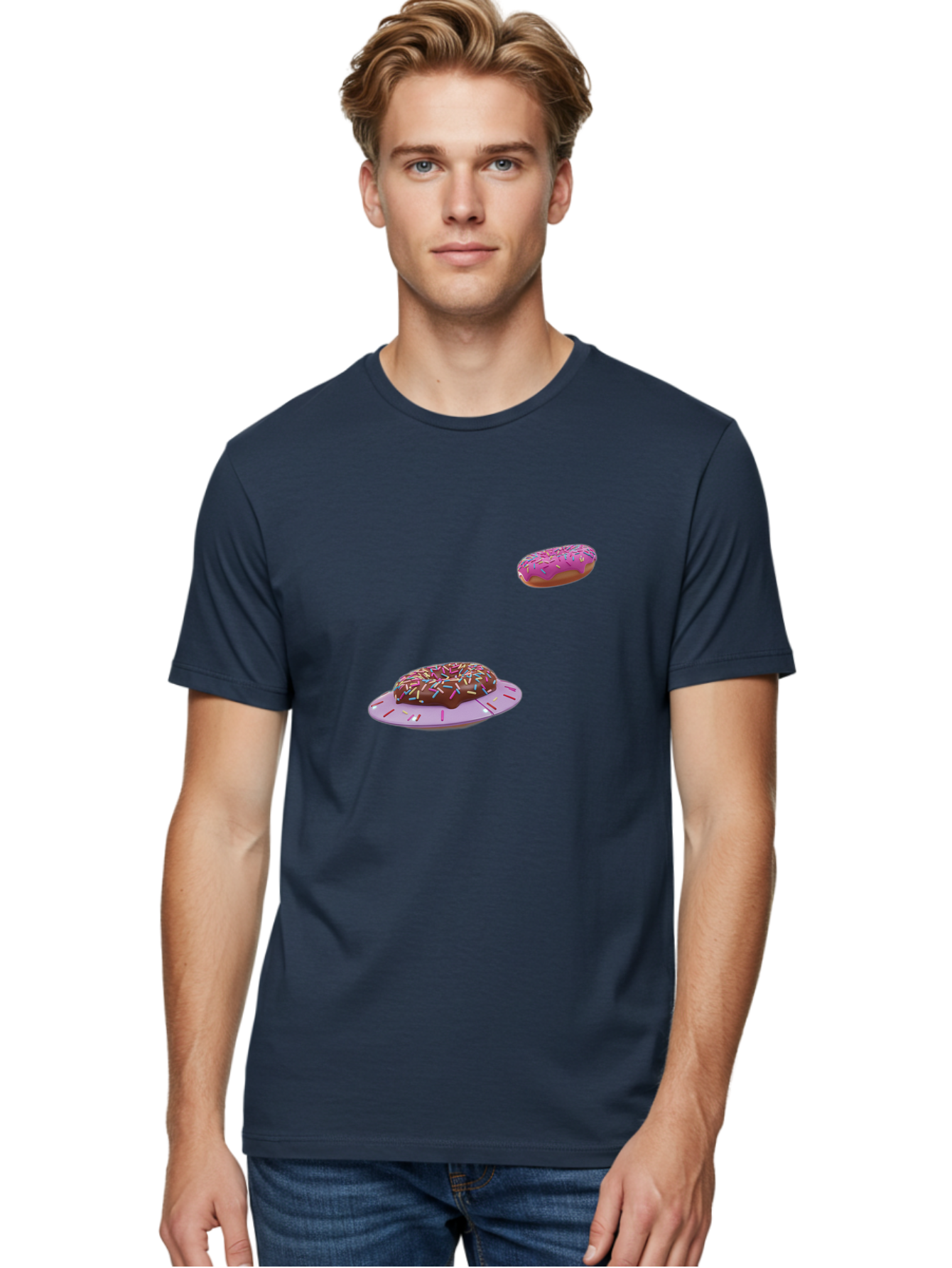 Donuts-With-Sprinkles Men'S Graphic Tee, 100% Cotton, Comfortable Casual Summer Wear, Machine Washable, Donuts In Mid-Air, Chocolate Donut With Sprinkles, Pink Frosting And Sprinkles, Sweet Treats, Dessert Delights, Tasty Pastries, Bab881