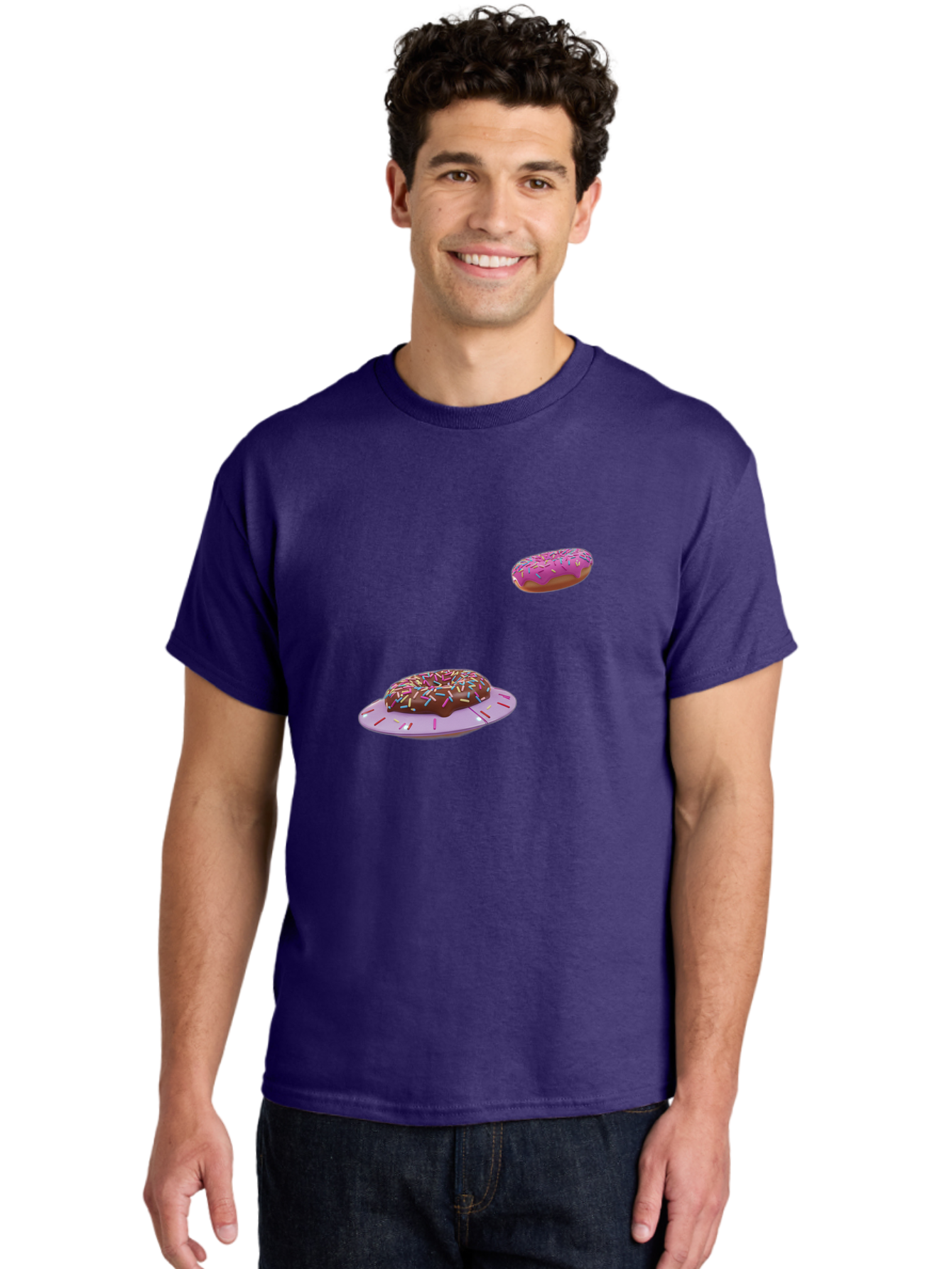 Donuts-With-Sprinkles Men'S Graphic Tee, 100% Cotton, Comfortable Casual Summer Wear, Machine Washable, Donuts In Mid-Air, Chocolate Donut With Sprinkles, Pink Frosting And Sprinkles, Sweet Treats, Dessert Delights, Tasty Pastries, Bab881