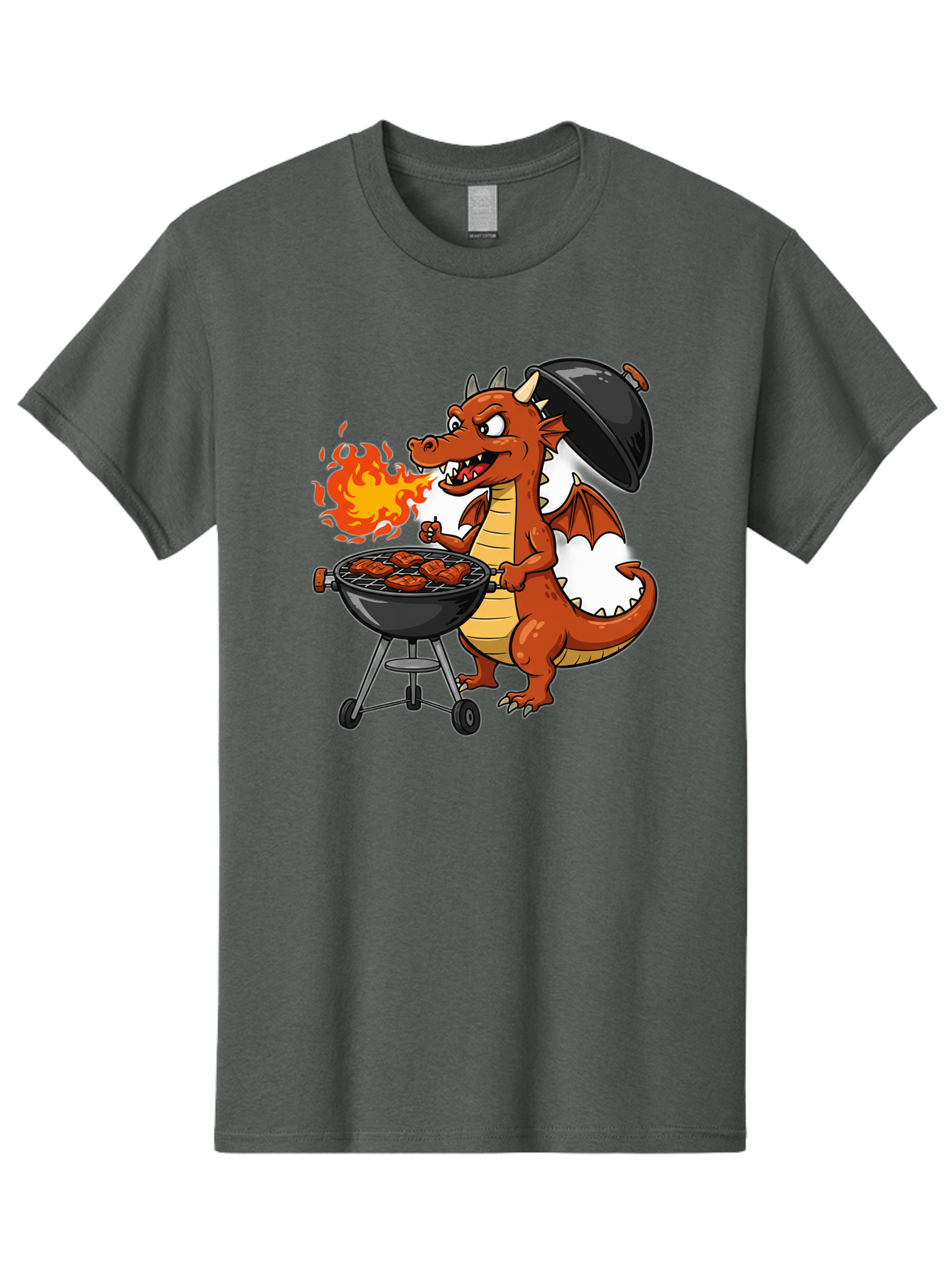 Dragon-Barbecue Men'S Graphic Tee, 100% Cotton, Comfortable Casual Summer Wear, Machine Washable, Cartoon Dragon, Grilling On Barbecue, Cooking Meat, Outdoor Cooking, Fiery Flames, Comical Dragon, Playful Illustration, Humorous Dragon, Bab883
