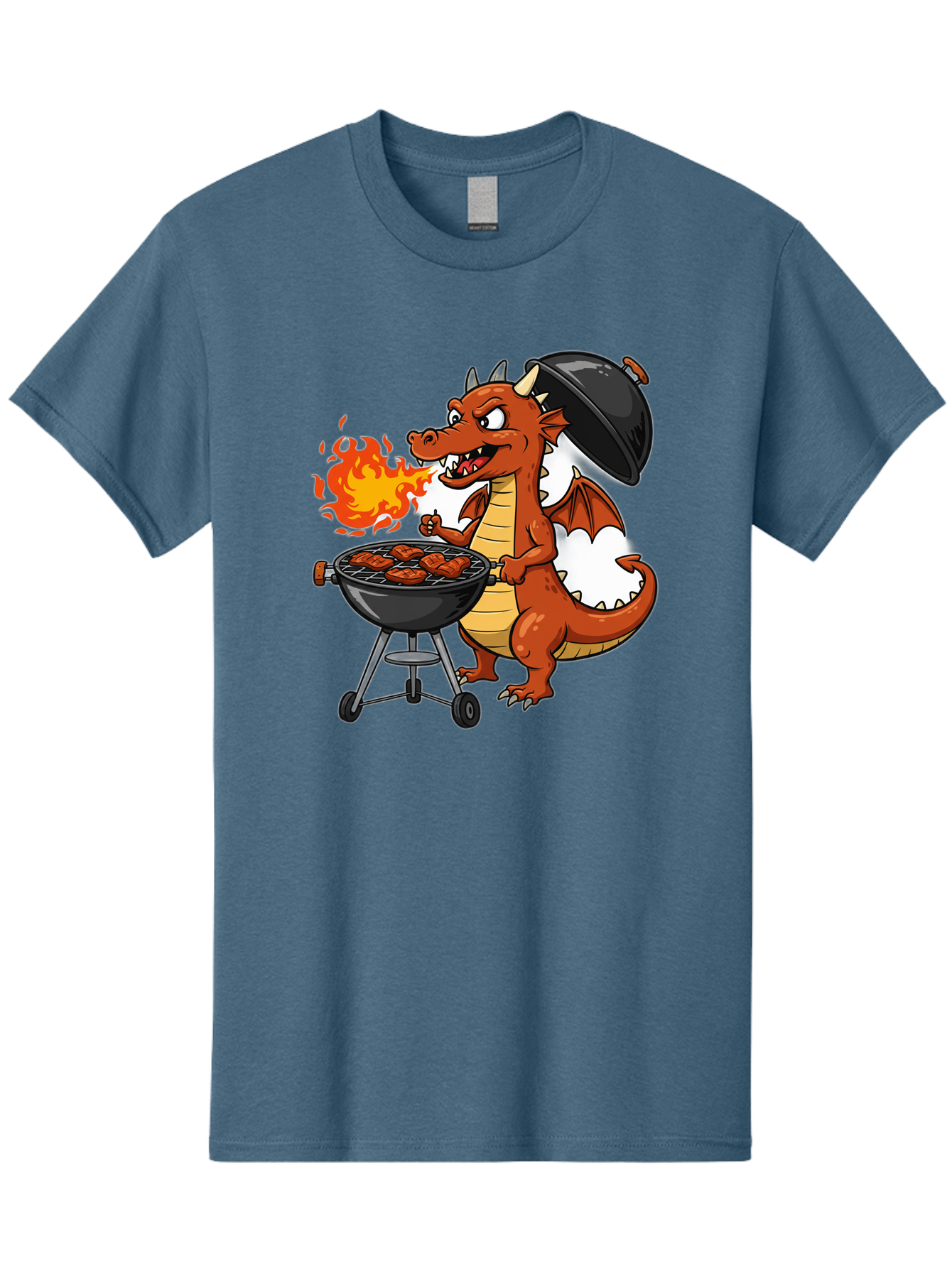 Dragon-Barbecue Men'S Graphic Tee, 100% Cotton, Comfortable Casual Summer Wear, Machine Washable, Cartoon Dragon, Grilling On Barbecue, Cooking Meat, Outdoor Cooking, Fiery Flames, Comical Dragon, Playful Illustration, Humorous Dragon, Bab883