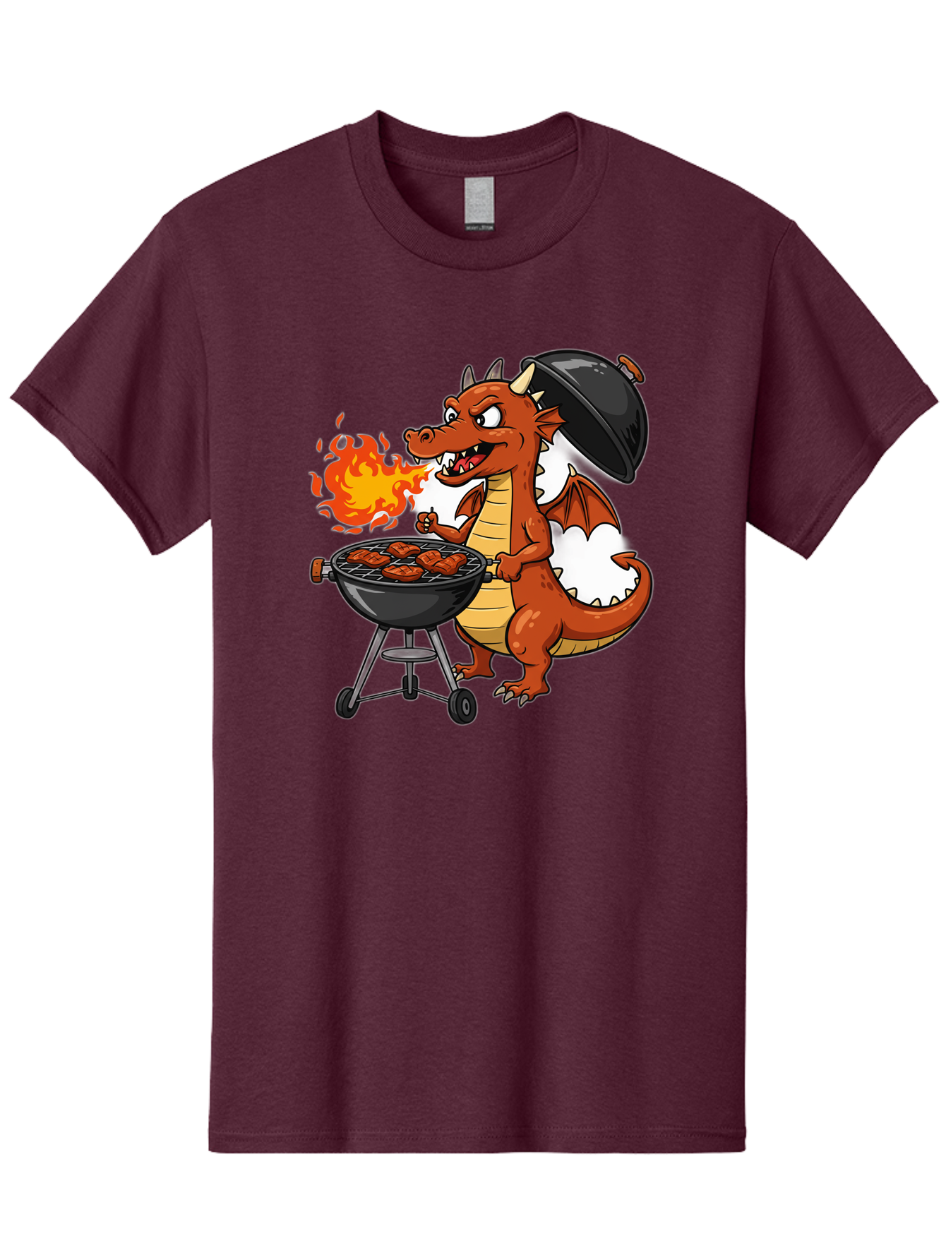 Dragon-Barbecue Men'S Graphic Tee, 100% Cotton, Comfortable Casual Summer Wear, Machine Washable, Cartoon Dragon, Grilling On Barbecue, Cooking Meat, Outdoor Cooking, Fiery Flames, Comical Dragon, Playful Illustration, Humorous Dragon, Bab883