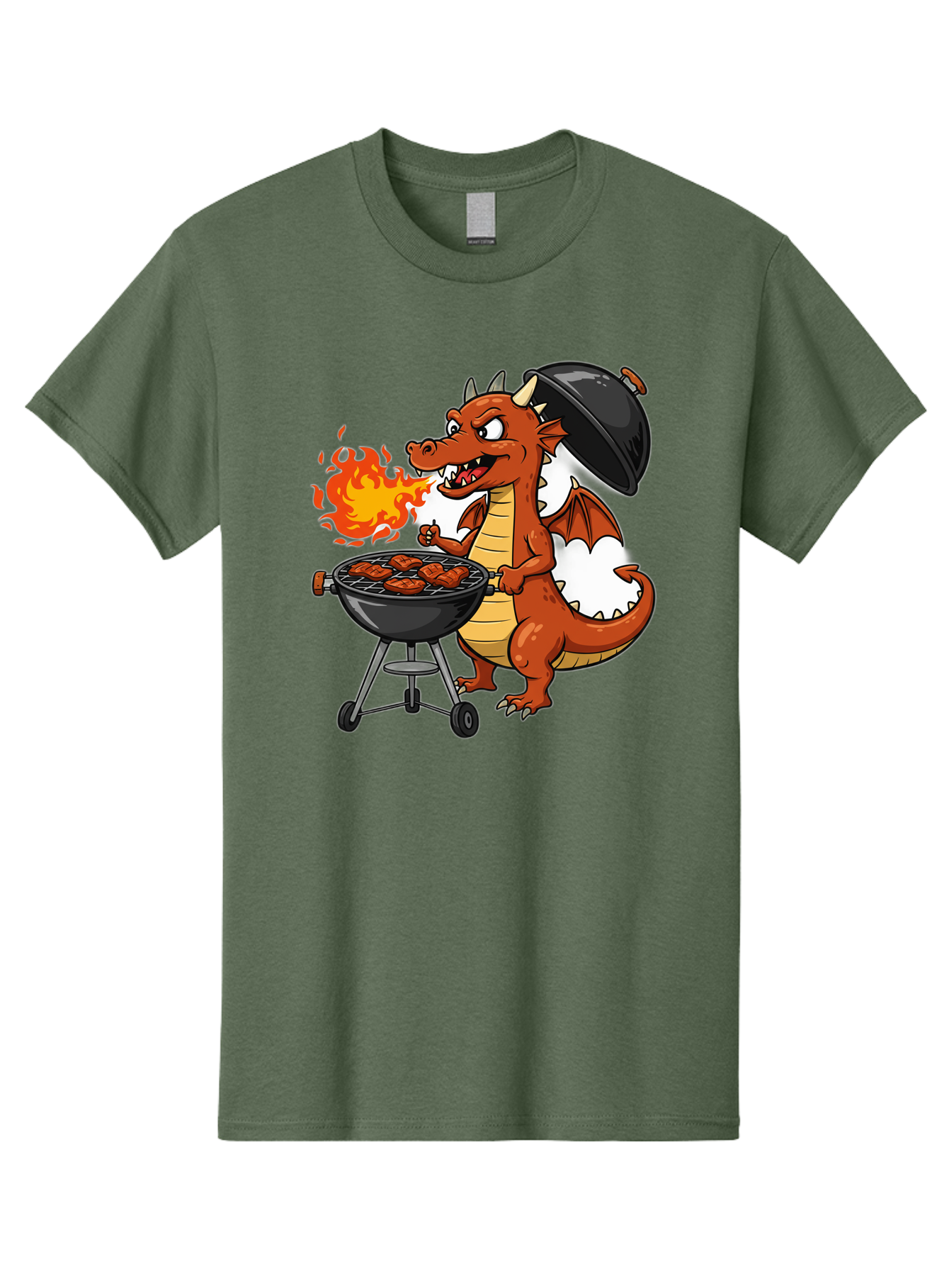 Dragon-Barbecue Men'S Graphic Tee, 100% Cotton, Comfortable Casual Summer Wear, Machine Washable, Cartoon Dragon, Grilling On Barbecue, Cooking Meat, Outdoor Cooking, Fiery Flames, Comical Dragon, Playful Illustration, Humorous Dragon, Bab883