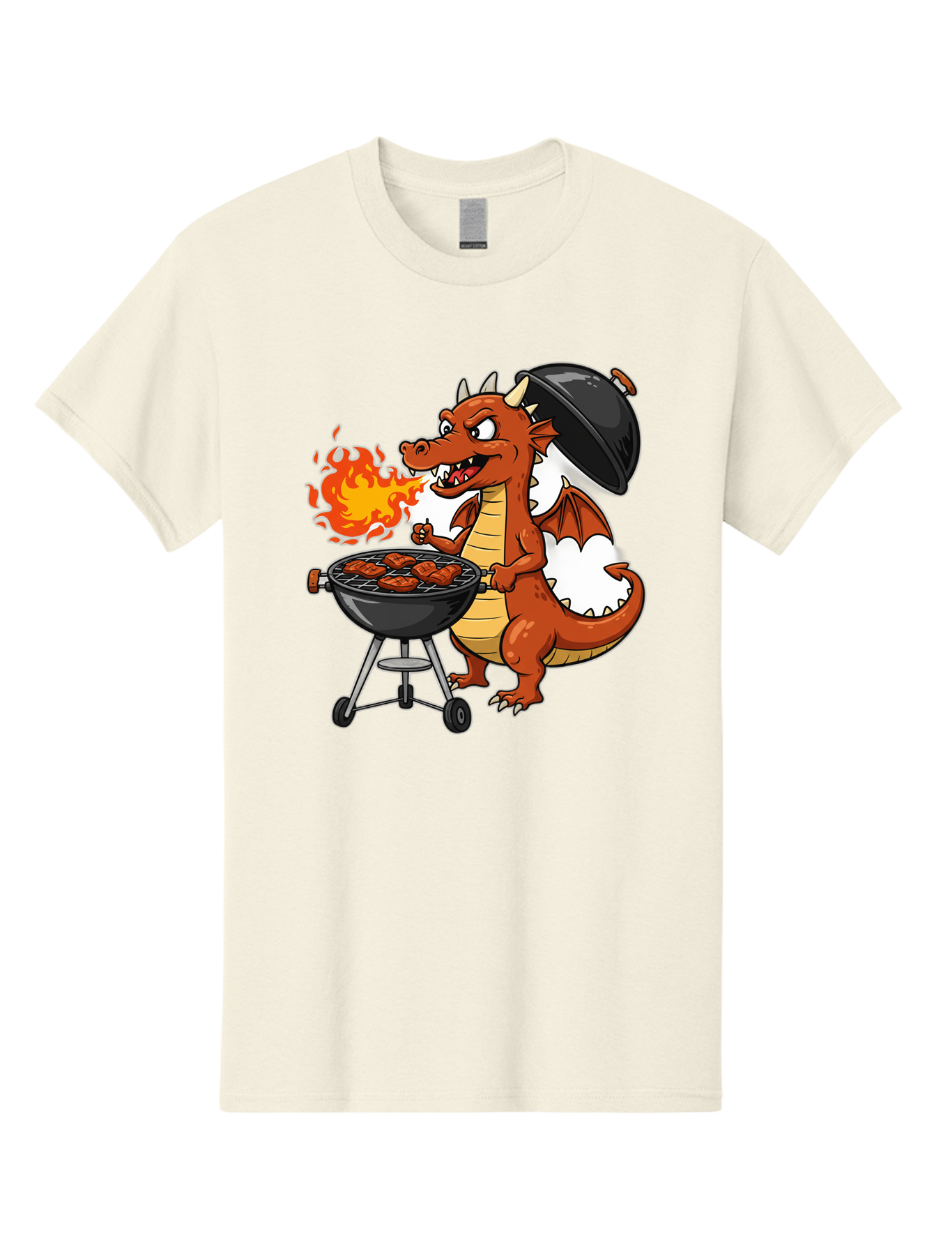 Dragon-Barbecue Men'S Graphic Tee, 100% Cotton, Comfortable Casual Summer Wear, Machine Washable, Cartoon Dragon, Grilling On Barbecue, Cooking Meat, Outdoor Cooking, Fiery Flames, Comical Dragon, Playful Illustration, Humorous Dragon, Bab883