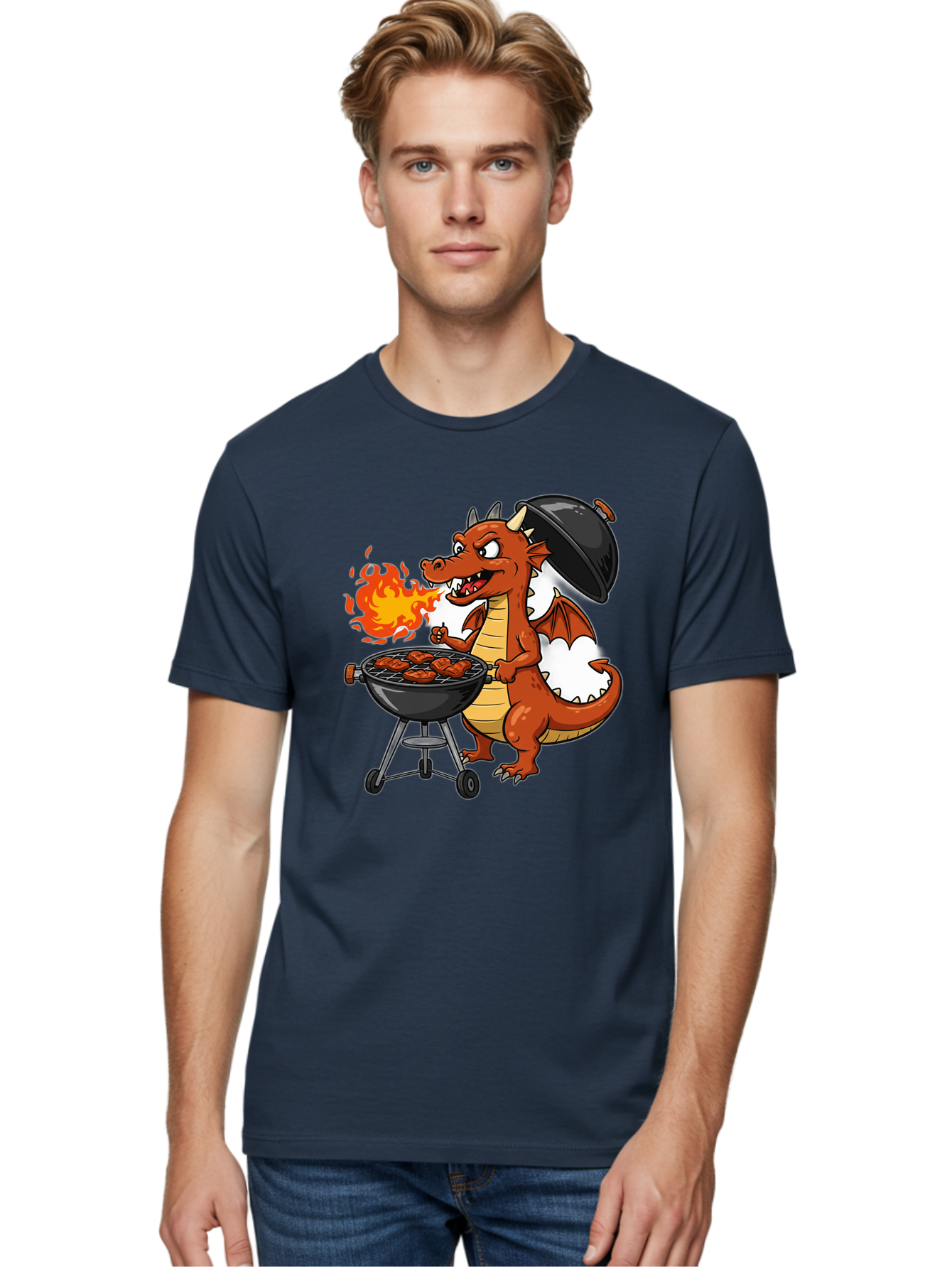Dragon-Barbecue Men'S Graphic Tee, 100% Cotton, Comfortable Casual Summer Wear, Machine Washable, Cartoon Dragon, Grilling On Barbecue, Cooking Meat, Outdoor Cooking, Fiery Flames, Comical Dragon, Playful Illustration, Humorous Dragon, Bab883