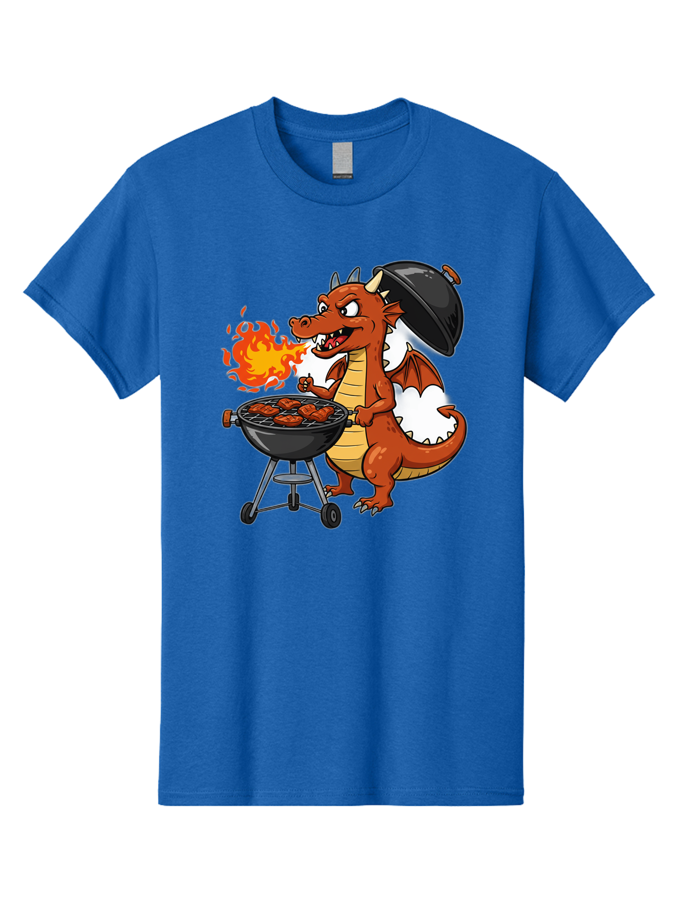 Dragon-Barbecue Men'S Graphic Tee, 100% Cotton, Comfortable Casual Summer Wear, Machine Washable, Cartoon Dragon, Grilling On Barbecue, Cooking Meat, Outdoor Cooking, Fiery Flames, Comical Dragon, Playful Illustration, Humorous Dragon, Bab883