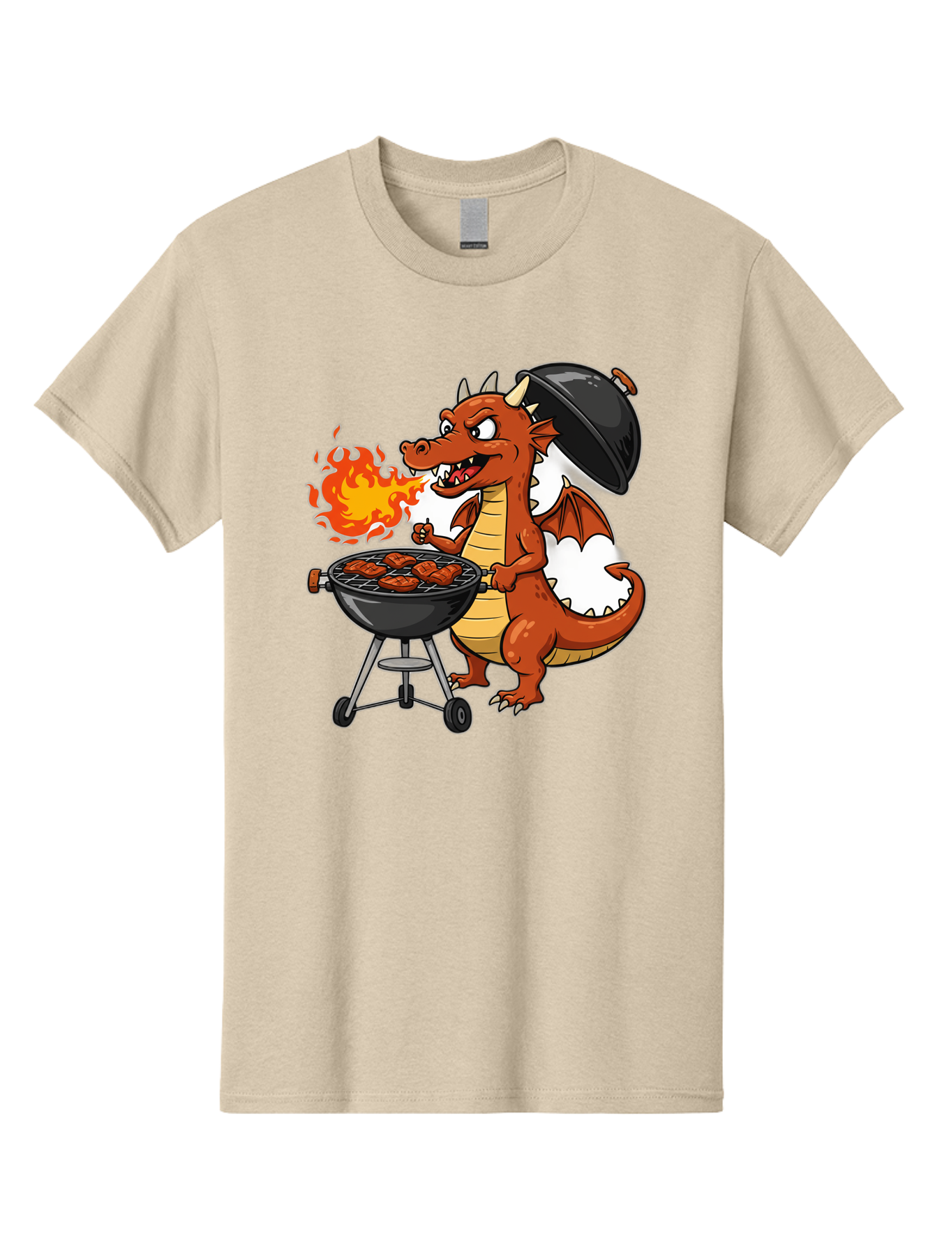 Dragon-Barbecue Men'S Graphic Tee, 100% Cotton, Comfortable Casual Summer Wear, Machine Washable, Cartoon Dragon, Grilling On Barbecue, Cooking Meat, Outdoor Cooking, Fiery Flames, Comical Dragon, Playful Illustration, Humorous Dragon, Bab883