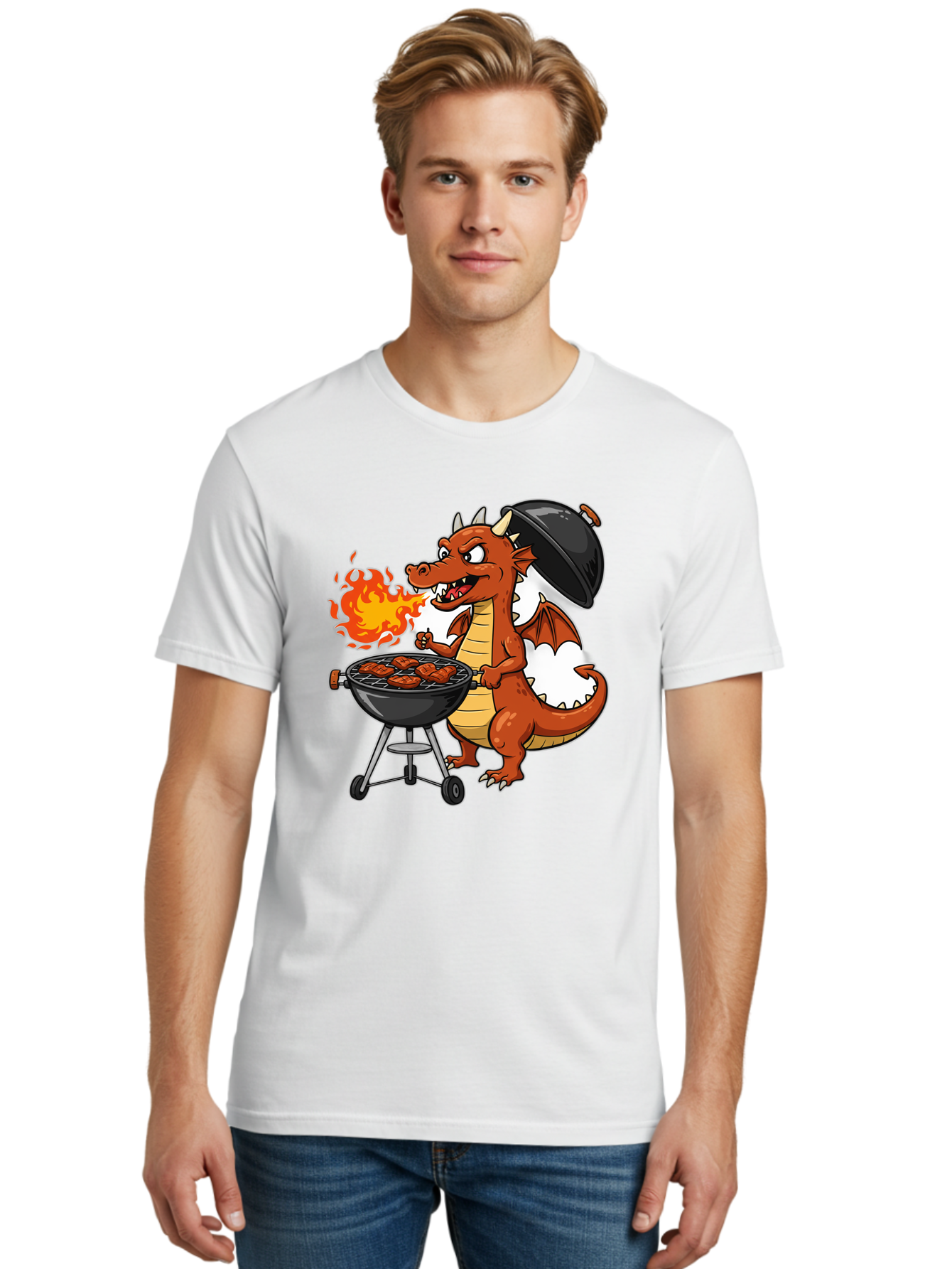 Dragon-Barbecue Men'S Graphic Tee, 100% Cotton, Comfortable Casual Summer Wear, Machine Washable, Cartoon Dragon, Grilling On Barbecue, Cooking Meat, Outdoor Cooking, Fiery Flames, Comical Dragon, Playful Illustration, Humorous Dragon, Bab883
