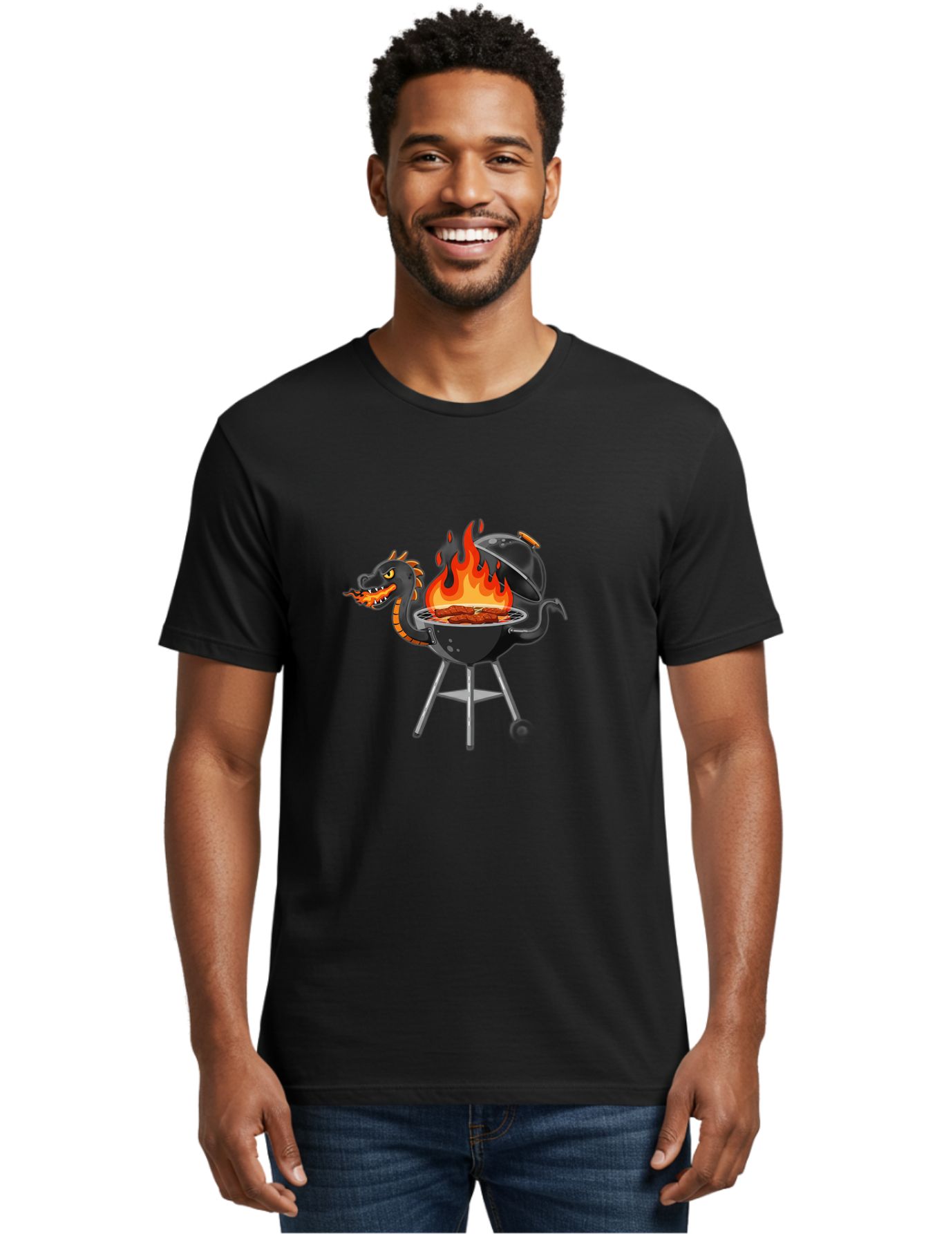 Dragon-Bbq-Grill Men'S Graphic Tee, 100% Cotton, Comfortable Casual Summer Wear, Machine Washable, Barbecue Grill, Dragon Cooking Meat, Fantasy Creature, Grilled Meat, Mythical Beast, Outdoor Cooking, Vibrant Flames, Cartoon Style, Bab884