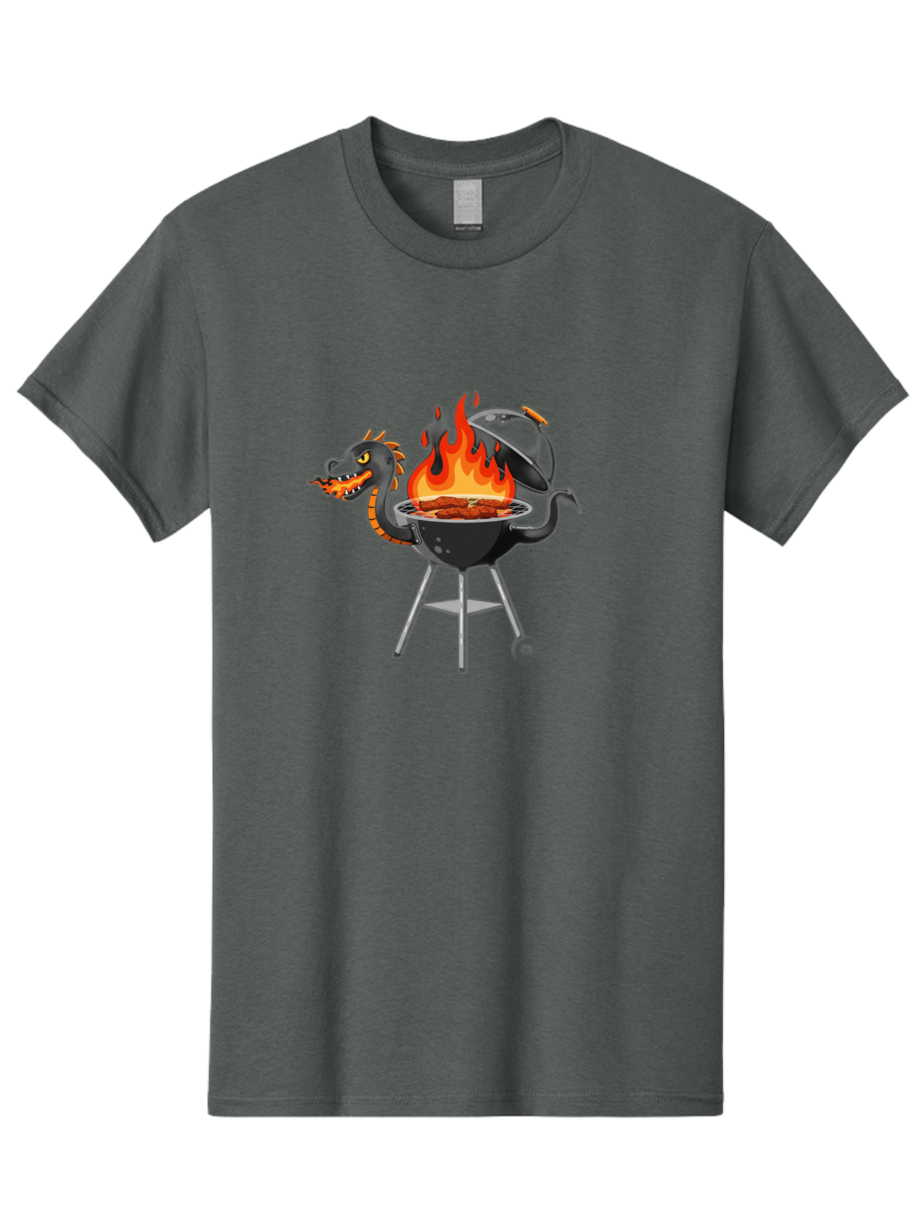 Dragon-Bbq-Grill Men'S Graphic Tee, 100% Cotton, Comfortable Casual Summer Wear, Machine Washable, Barbecue Grill, Dragon Cooking Meat, Fantasy Creature, Grilled Meat, Mythical Beast, Outdoor Cooking, Vibrant Flames, Cartoon Style, Bab884