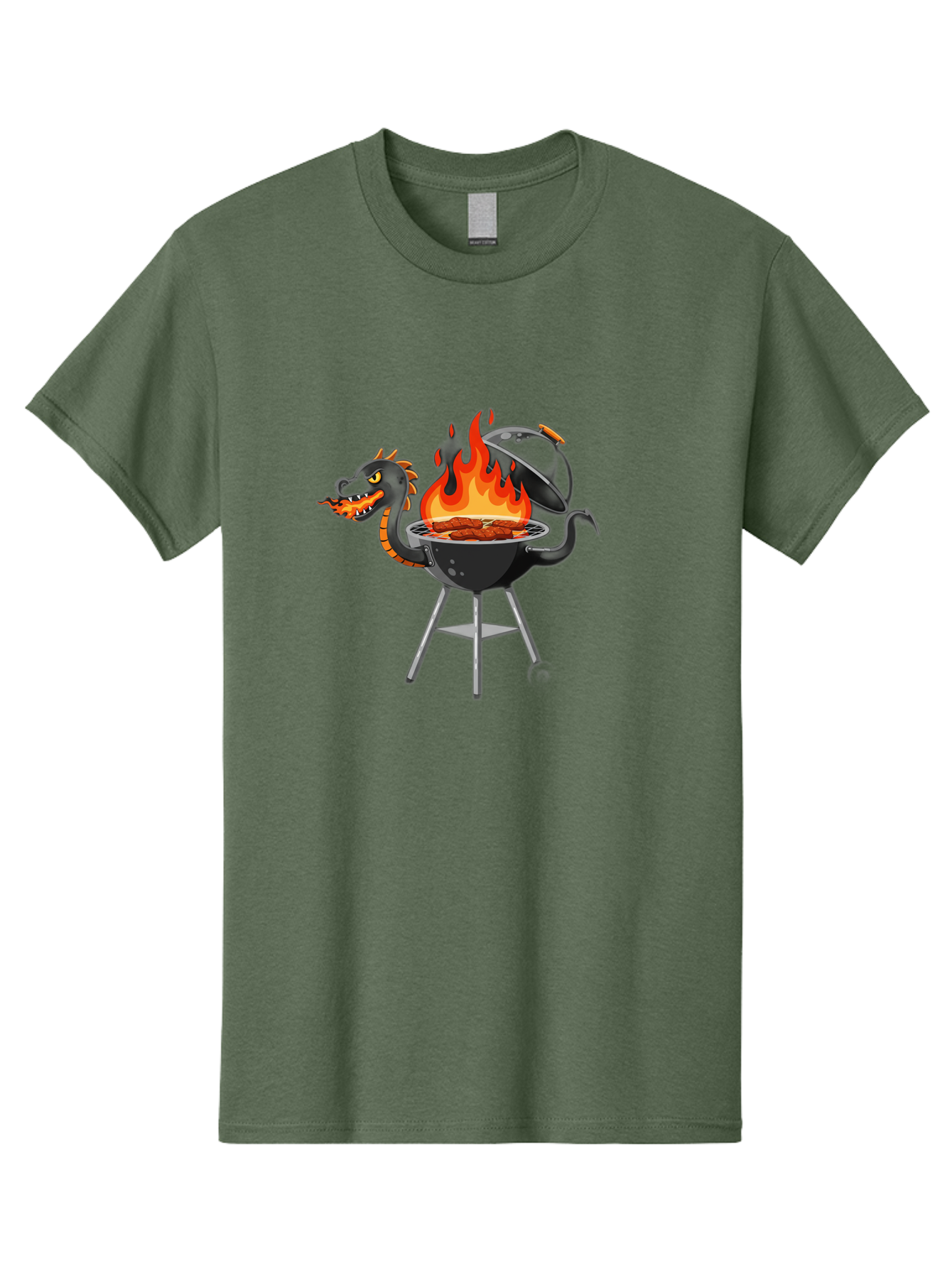 Dragon-Bbq-Grill Men'S Graphic Tee, 100% Cotton, Comfortable Casual Summer Wear, Machine Washable, Barbecue Grill, Dragon Cooking Meat, Fantasy Creature, Grilled Meat, Mythical Beast, Outdoor Cooking, Vibrant Flames, Cartoon Style, Bab884
