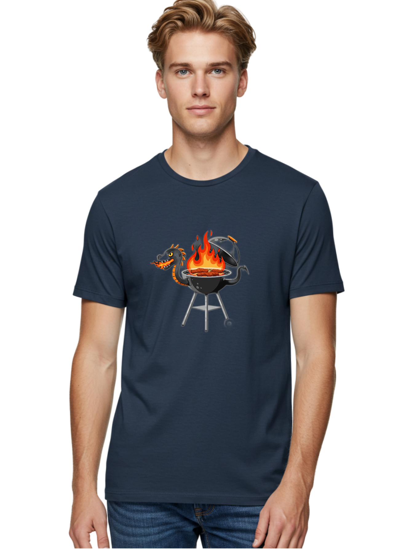 Dragon-Bbq-Grill Men'S Graphic Tee, 100% Cotton, Comfortable Casual Summer Wear, Machine Washable, Barbecue Grill, Dragon Cooking Meat, Fantasy Creature, Grilled Meat, Mythical Beast, Outdoor Cooking, Vibrant Flames, Cartoon Style, Bab884
