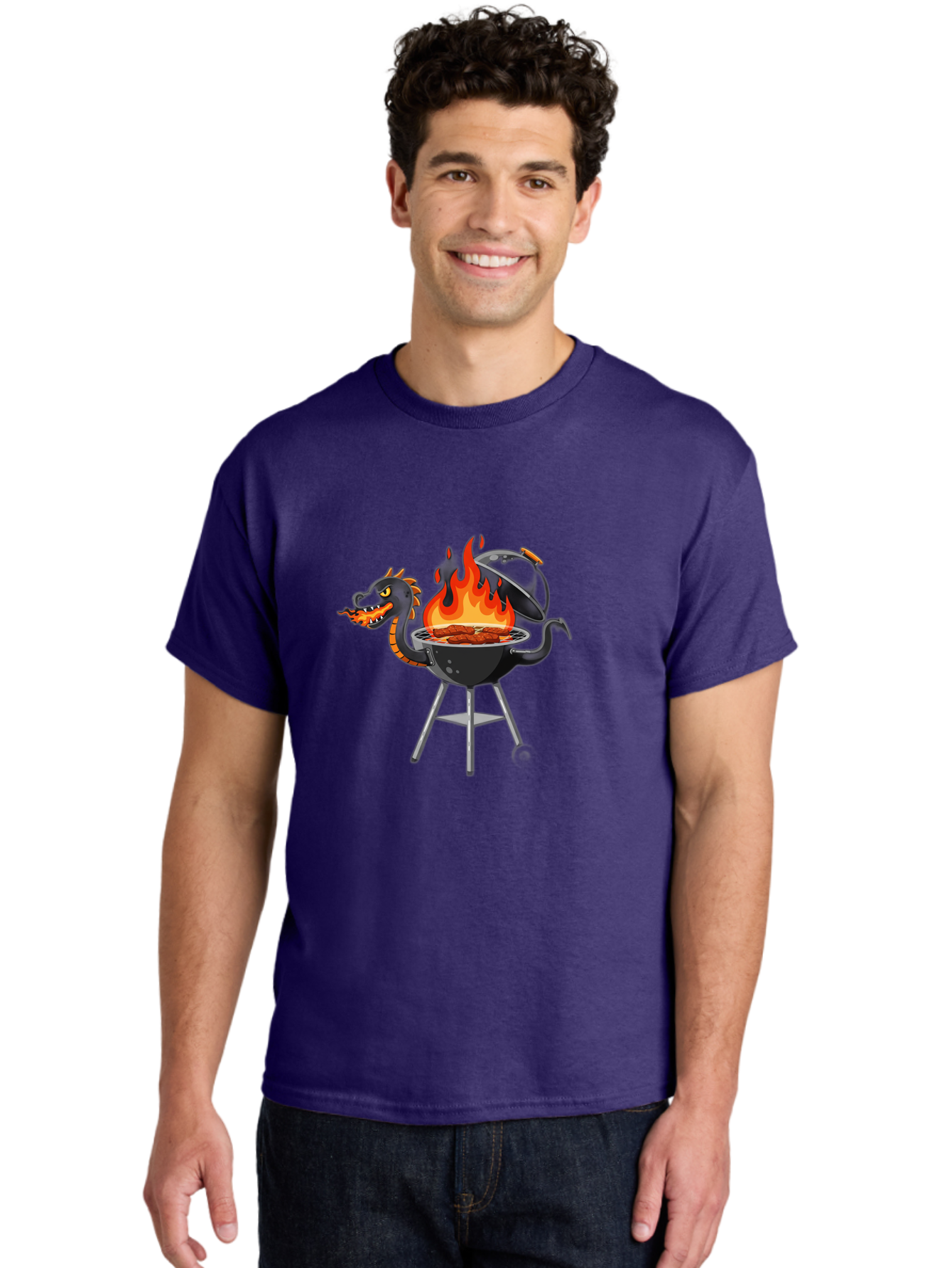 Dragon-Bbq-Grill Men'S Graphic Tee, 100% Cotton, Comfortable Casual Summer Wear, Machine Washable, Barbecue Grill, Dragon Cooking Meat, Fantasy Creature, Grilled Meat, Mythical Beast, Outdoor Cooking, Vibrant Flames, Cartoon Style, Bab884