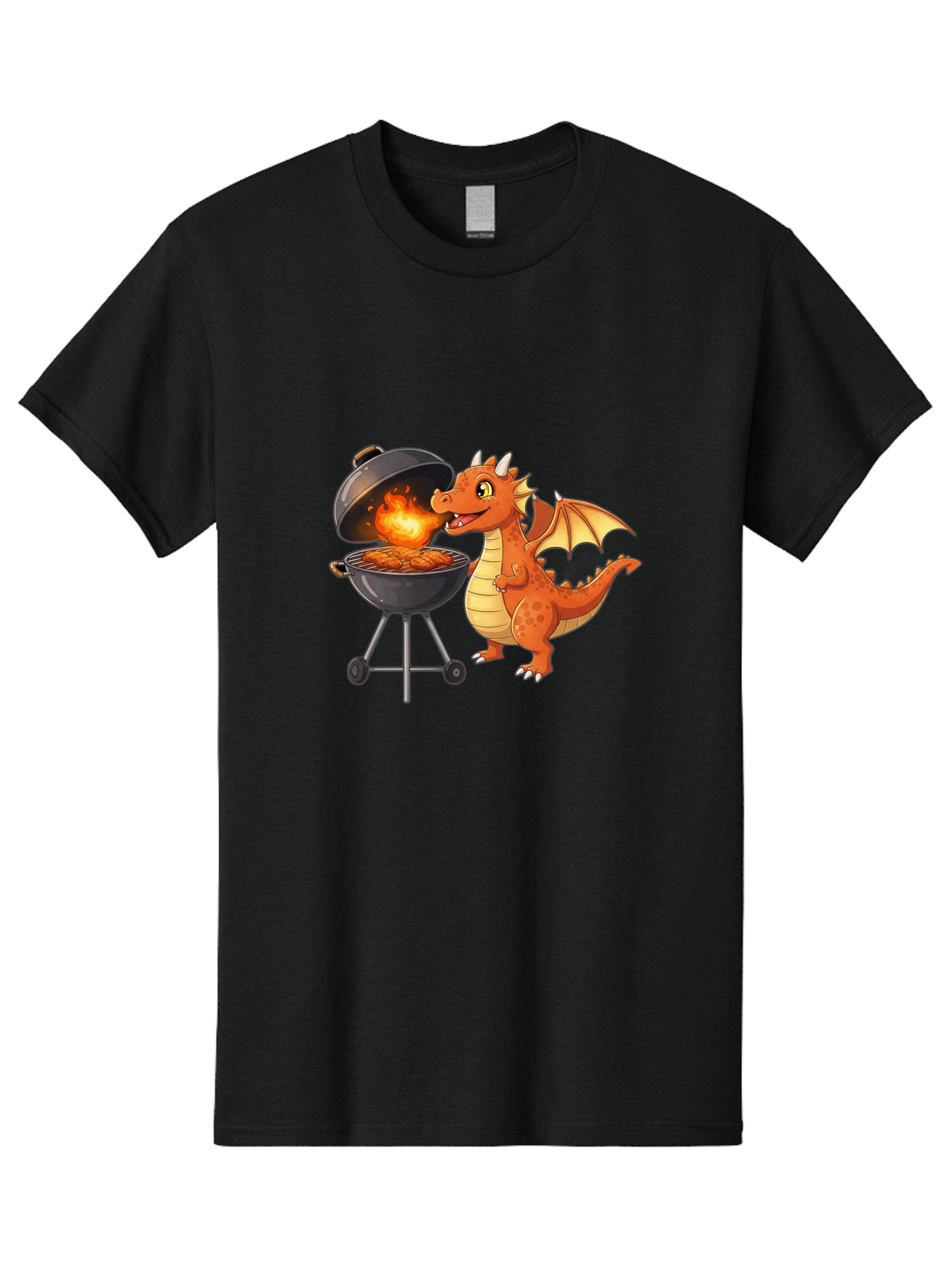 Dragon-Bbq Men'S Graphic Tee, 100% Cotton, Comfortable Casual Summer Wear, Machine Washable, Cartoon Dragon Cooking On Barbecue, Grilling Meat, Fantasy Creature, Humorous Illustration, Fire-Breathing Dragon, Outdoor Cooking Bab885