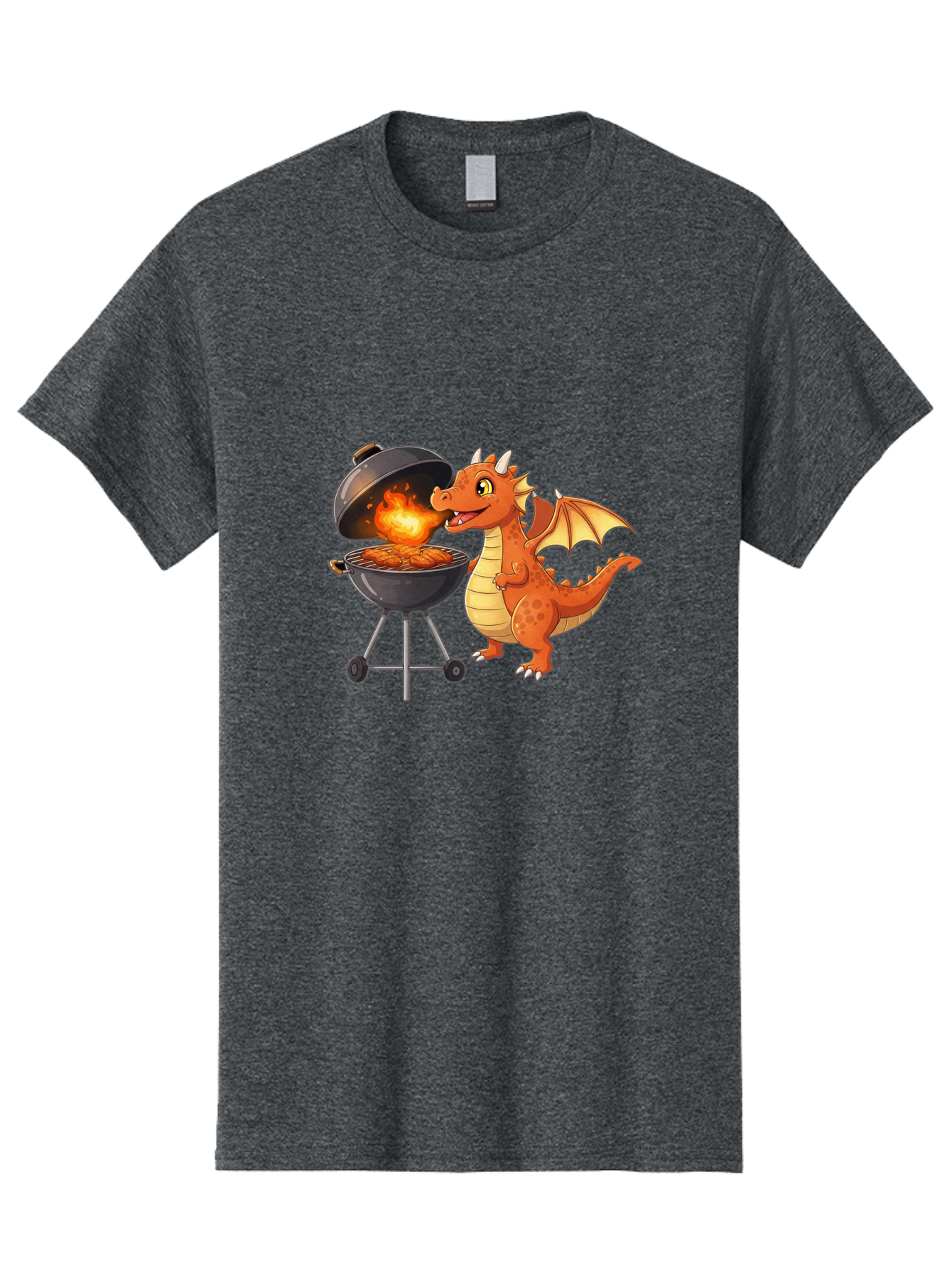 Dragon-Bbq Men'S Graphic Tee, 100% Cotton, Comfortable Casual Summer Wear, Machine Washable, Cartoon Dragon Cooking On Barbecue, Grilling Meat, Fantasy Creature, Humorous Illustration, Fire-Breathing Dragon, Outdoor Cooking Bab885