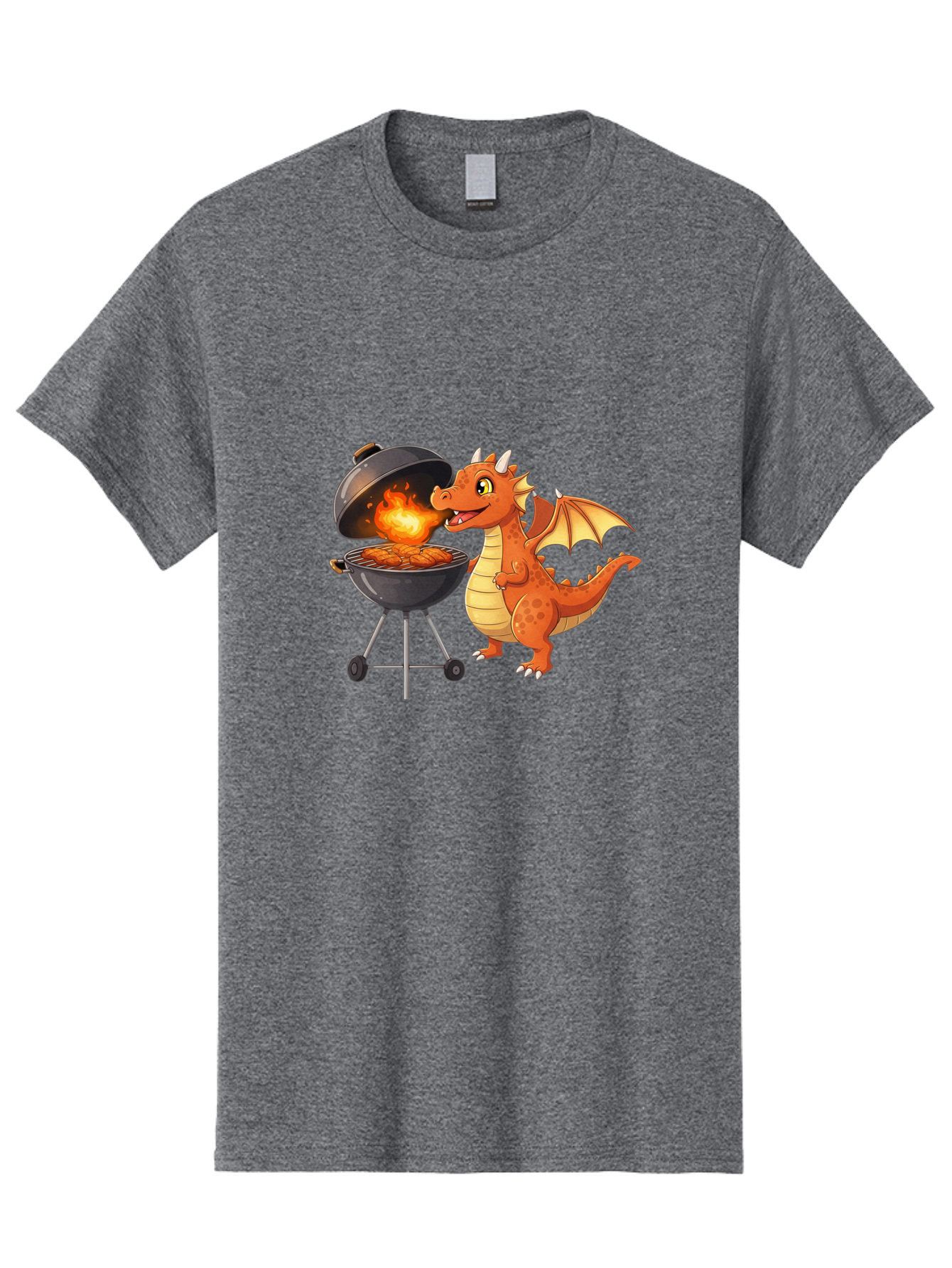 Dragon-Bbq Men'S Graphic Tee, 100% Cotton, Comfortable Casual Summer Wear, Machine Washable, Cartoon Dragon Cooking On Barbecue, Grilling Meat, Fantasy Creature, Humorous Illustration, Fire-Breathing Dragon, Outdoor Cooking Bab885
