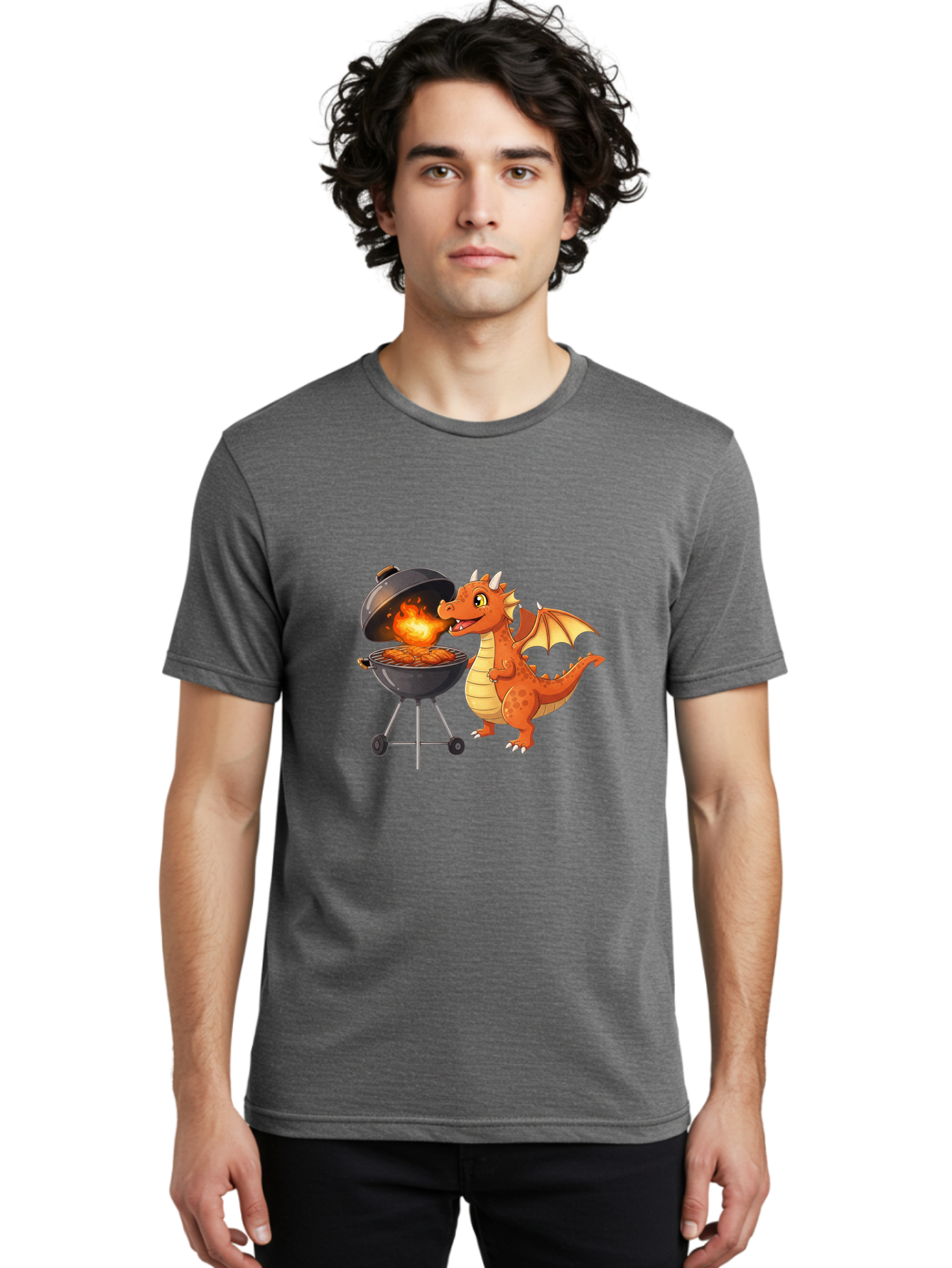 Dragon-Bbq Men'S Graphic Tee, 100% Cotton, Comfortable Casual Summer Wear, Machine Washable, Cartoon Dragon Cooking On Barbecue, Grilling Meat, Fantasy Creature, Humorous Illustration, Fire-Breathing Dragon, Outdoor Cooking Bab885