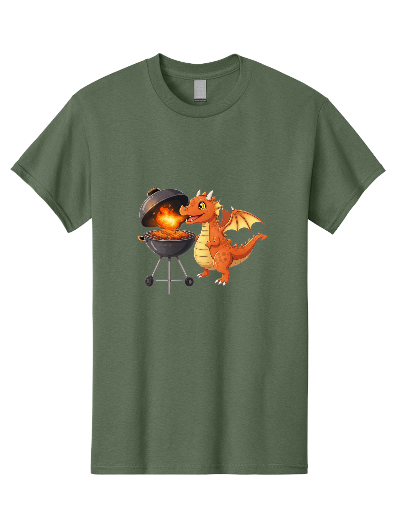 Dragon-Bbq Men'S Graphic Tee, 100% Cotton, Comfortable Casual Summer Wear, Machine Washable, Cartoon Dragon Cooking On Barbecue, Grilling Meat, Fantasy Creature, Humorous Illustration, Fire-Breathing Dragon, Outdoor Cooking Bab885
