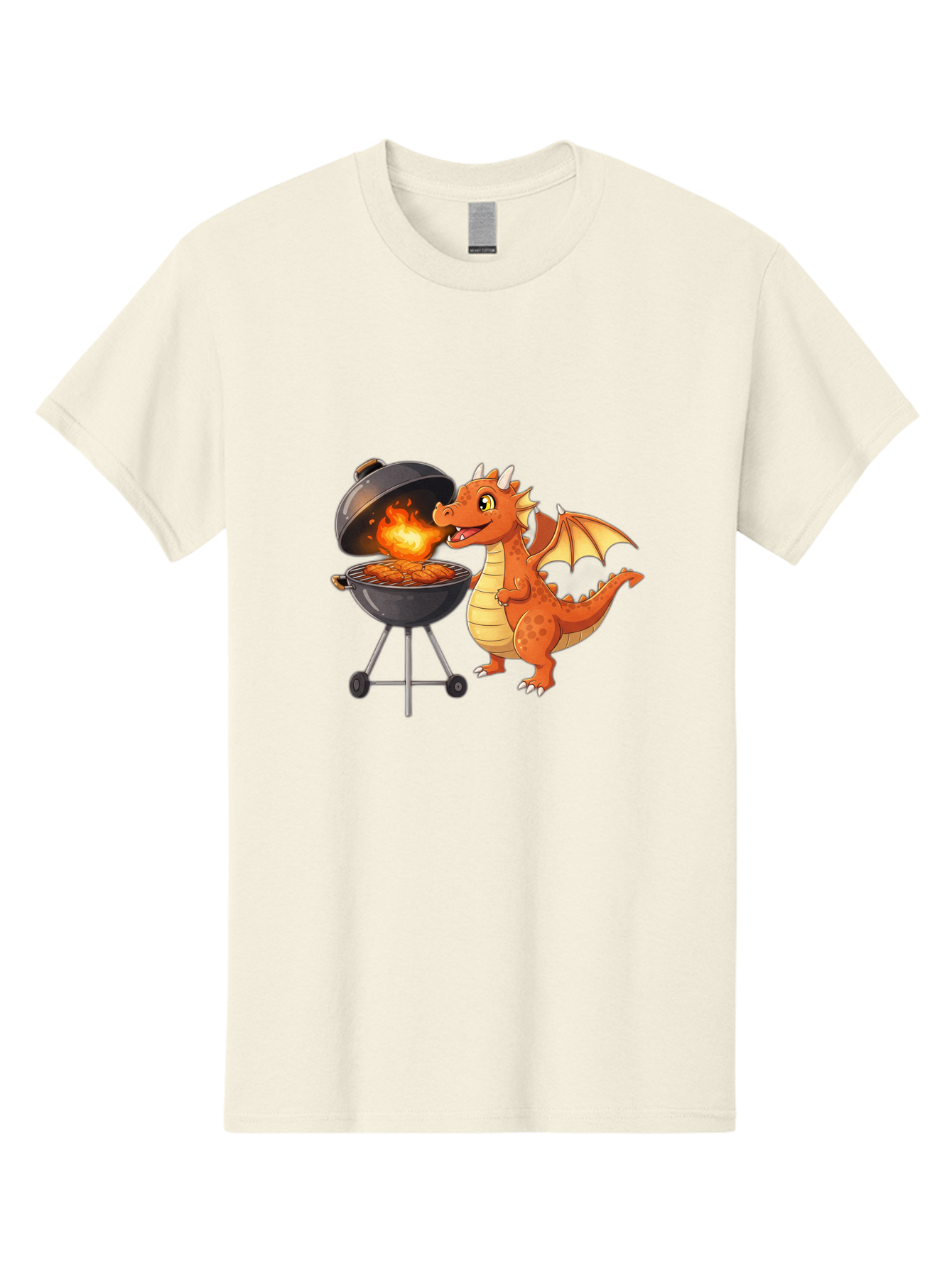 Dragon-Bbq Men'S Graphic Tee, 100% Cotton, Comfortable Casual Summer Wear, Machine Washable, Cartoon Dragon Cooking On Barbecue, Grilling Meat, Fantasy Creature, Humorous Illustration, Fire-Breathing Dragon, Outdoor Cooking Bab885