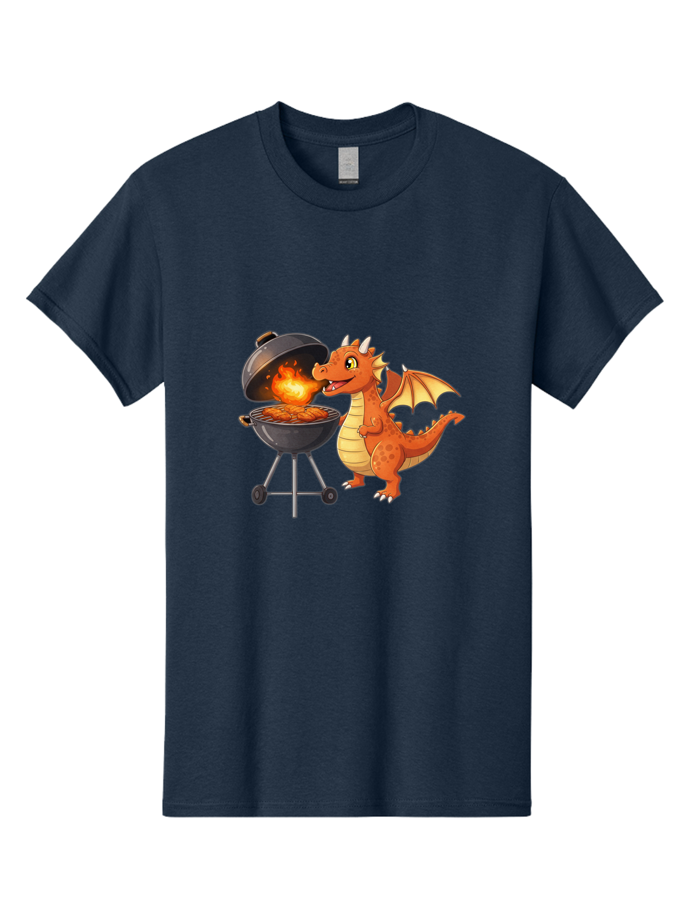 Dragon-Bbq Men'S Graphic Tee, 100% Cotton, Comfortable Casual Summer Wear, Machine Washable, Cartoon Dragon Cooking On Barbecue, Grilling Meat, Fantasy Creature, Humorous Illustration, Fire-Breathing Dragon, Outdoor Cooking Bab885