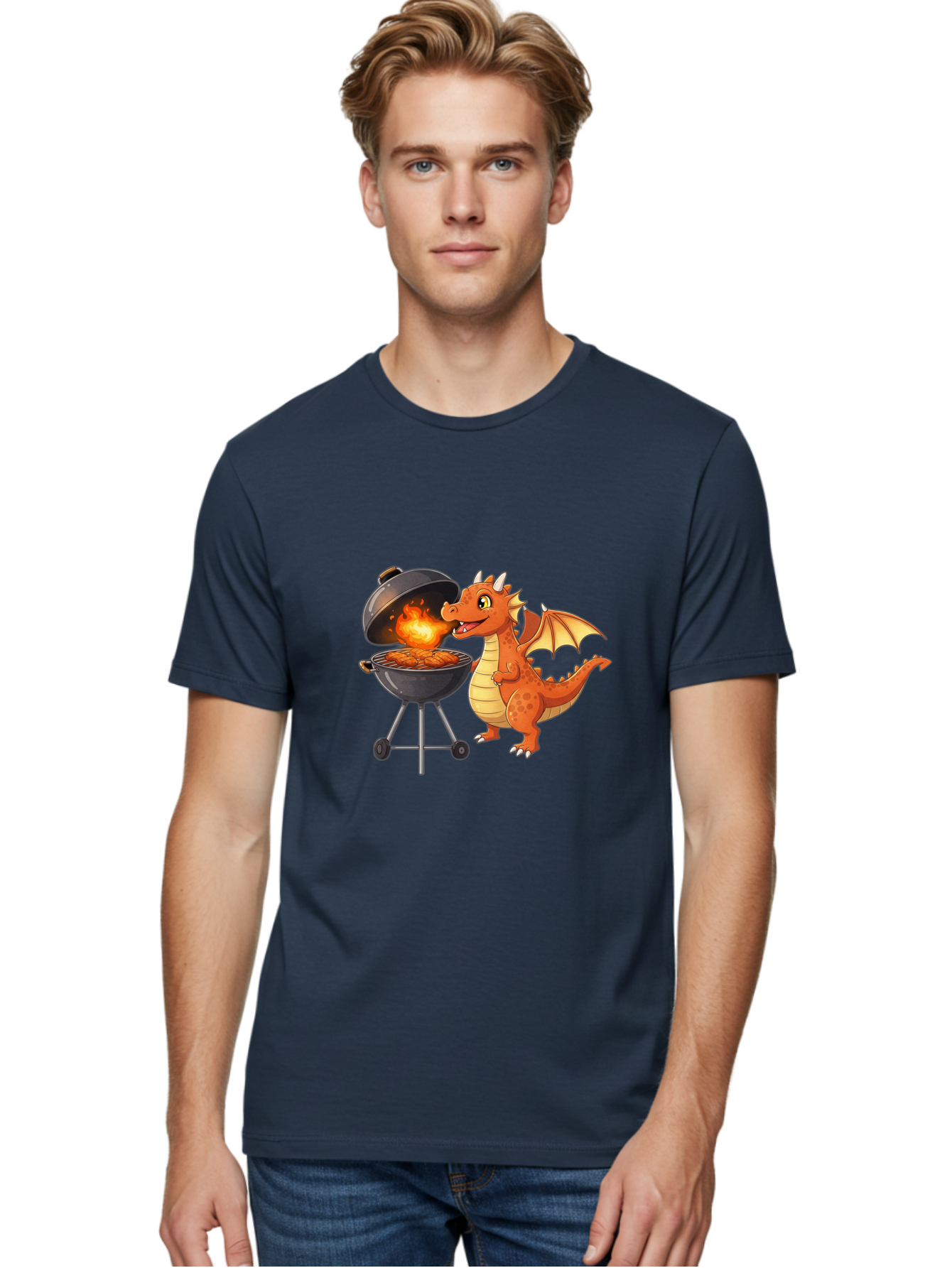 Dragon-Bbq Men'S Graphic Tee, 100% Cotton, Comfortable Casual Summer Wear, Machine Washable, Cartoon Dragon Cooking On Barbecue, Grilling Meat, Fantasy Creature, Humorous Illustration, Fire-Breathing Dragon, Outdoor Cooking Bab885