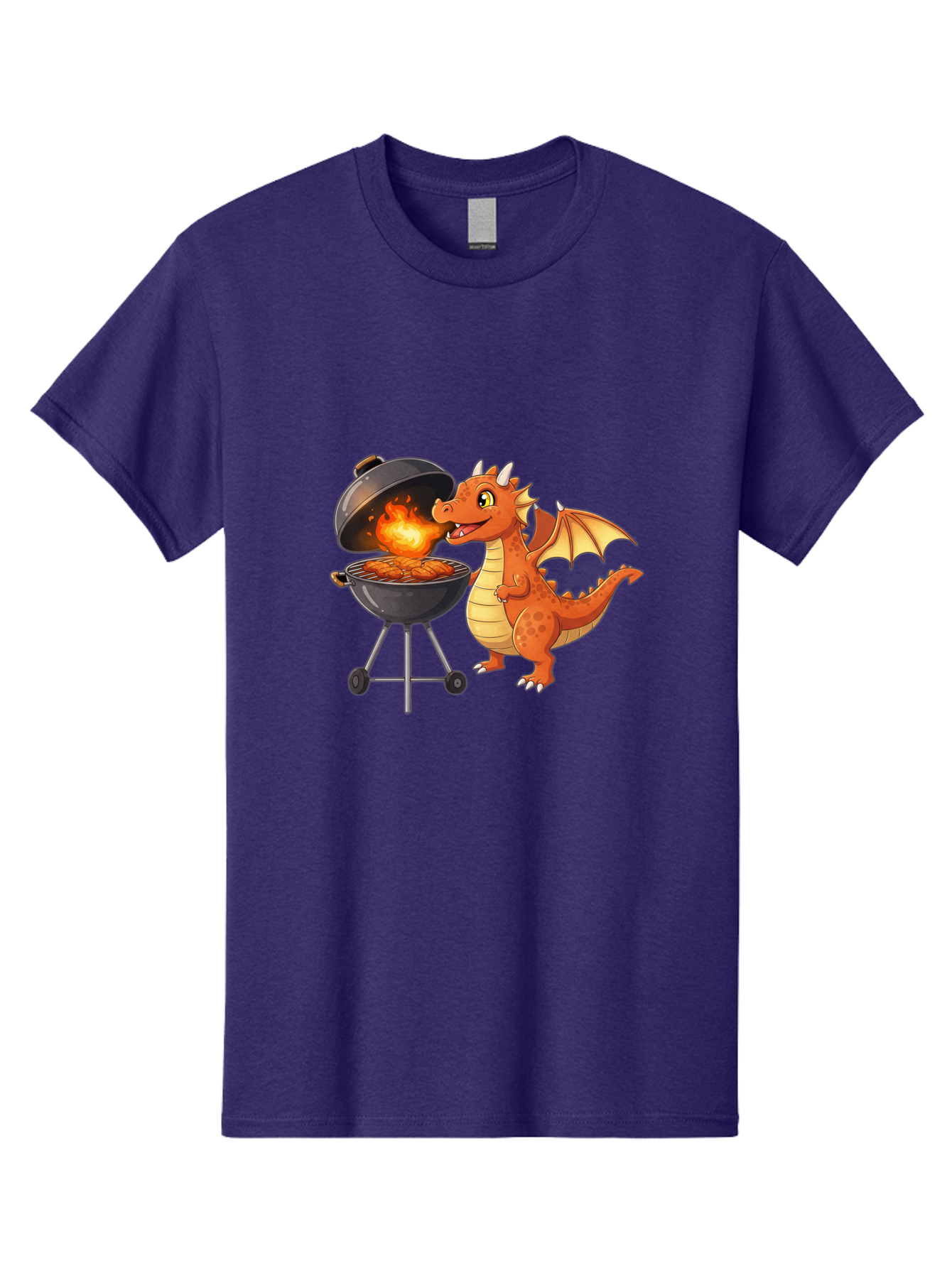 Dragon-Bbq Men'S Graphic Tee, 100% Cotton, Comfortable Casual Summer Wear, Machine Washable, Cartoon Dragon Cooking On Barbecue, Grilling Meat, Fantasy Creature, Humorous Illustration, Fire-Breathing Dragon, Outdoor Cooking Bab885