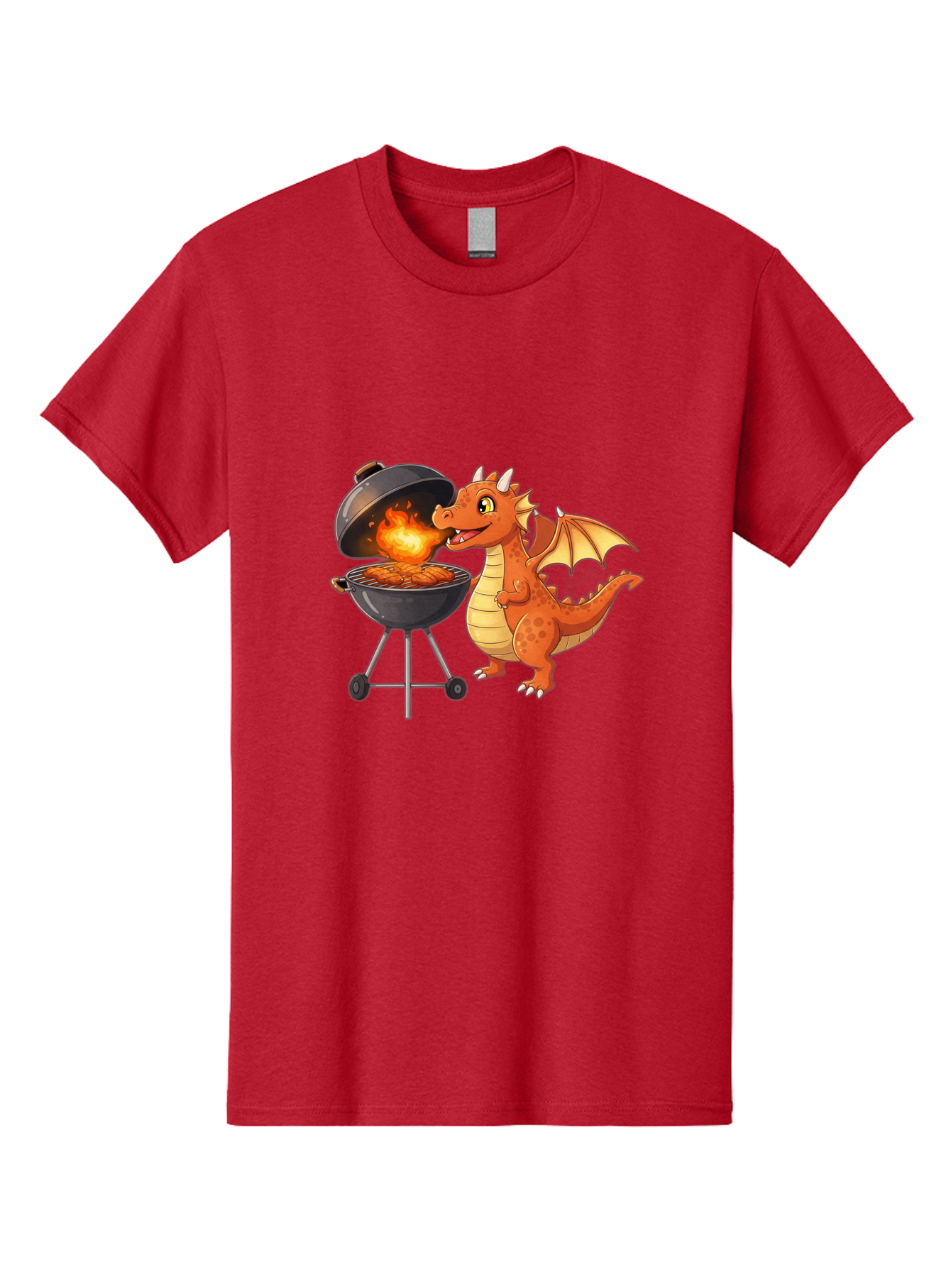 Dragon-Bbq Men'S Graphic Tee, 100% Cotton, Comfortable Casual Summer Wear, Machine Washable, Cartoon Dragon Cooking On Barbecue, Grilling Meat, Fantasy Creature, Humorous Illustration, Fire-Breathing Dragon, Outdoor Cooking Bab885