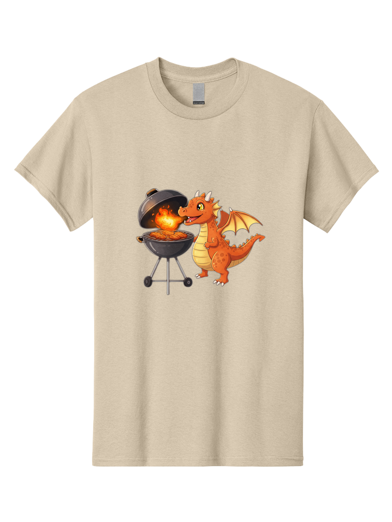 Dragon-Bbq Men'S Graphic Tee, 100% Cotton, Comfortable Casual Summer Wear, Machine Washable, Cartoon Dragon Cooking On Barbecue, Grilling Meat, Fantasy Creature, Humorous Illustration, Fire-Breathing Dragon, Outdoor Cooking Bab885