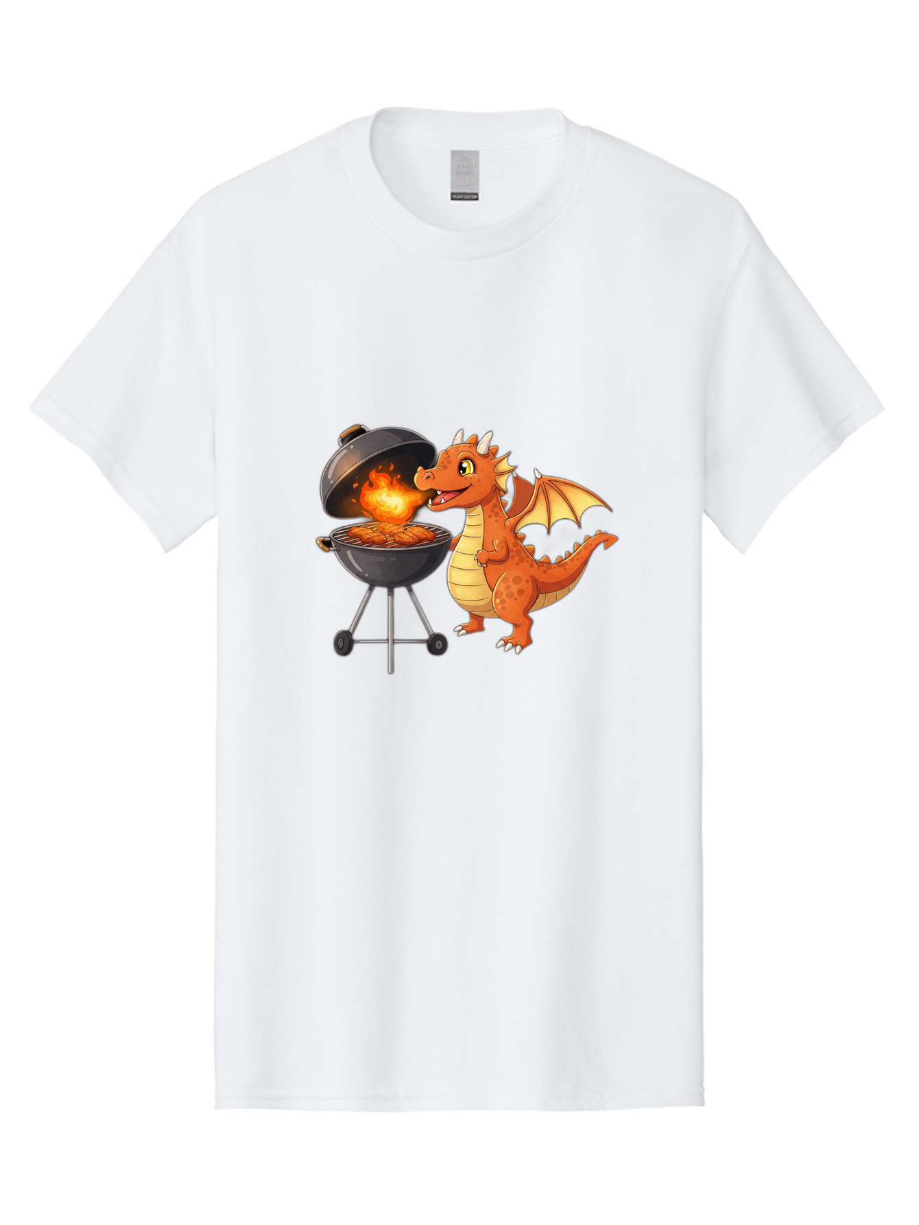 Dragon-Bbq Men'S Graphic Tee, 100% Cotton, Comfortable Casual Summer Wear, Machine Washable, Cartoon Dragon Cooking On Barbecue, Grilling Meat, Fantasy Creature, Humorous Illustration, Fire-Breathing Dragon, Outdoor Cooking Bab885