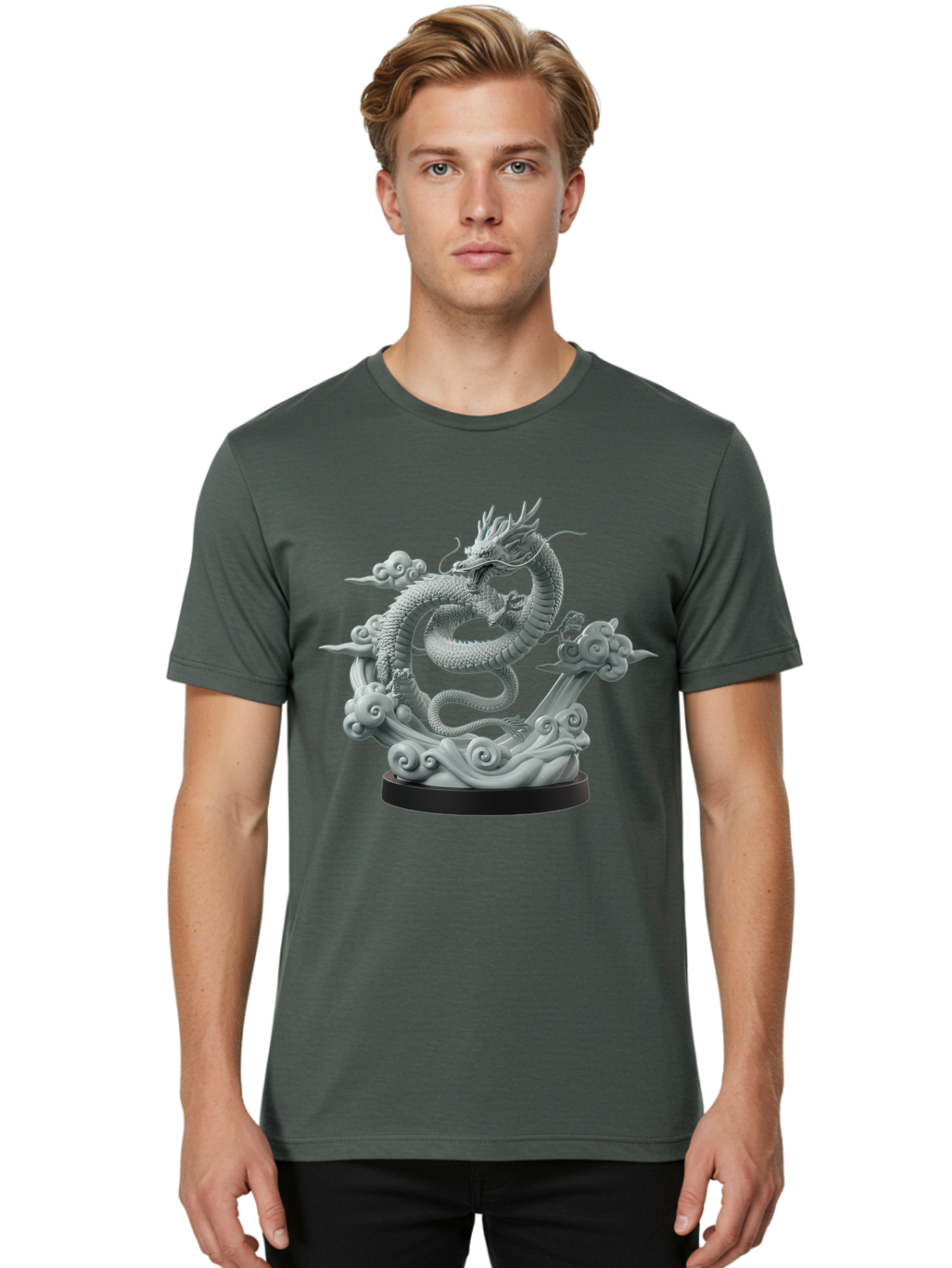 Dragon-Statue Men'S Graphic Tee, 100% Cotton, Comfortable Casual Summer Wear, Machine Washable, Dragon Sculpture, Mythical Creature, Chinese Culture, Figurine, 3D Model, Artistic Design, Symbolic Art, Decorative Figurine, Gray Stone Texture, Bab886