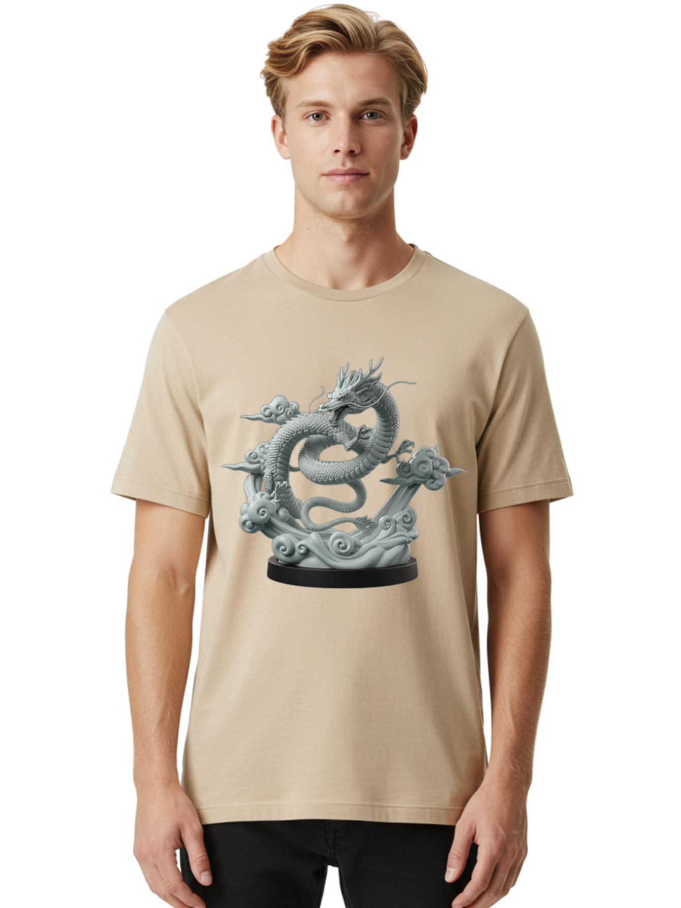 Dragon-Statue Men'S Graphic Tee, 100% Cotton, Comfortable Casual Summer Wear, Machine Washable, Dragon Sculpture, Mythical Creature, Chinese Culture, Figurine, 3D Model, Artistic Design, Symbolic Art, Decorative Figurine, Gray Stone Texture, Bab886