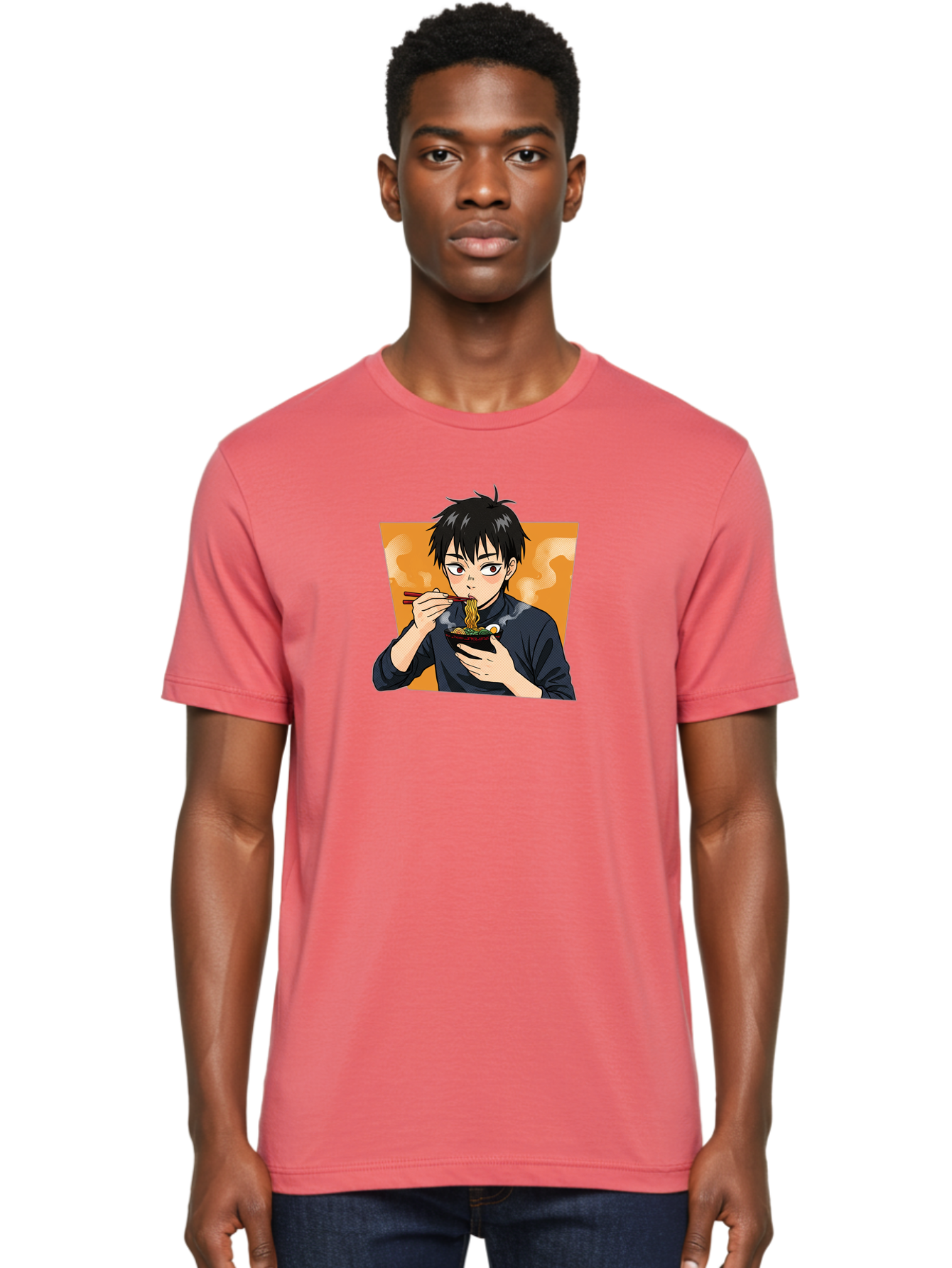 Eating-Ramen Men'S Graphic Tee, 100% Cotton, Comfortable Casual Summer Wear, Machine Washable, Anime Boy Eating Ramen, Steaming Hot Noodles, Chopsticks, Delicious Meal, Japanese Cuisine, Cartoon Style, Appetizing Food, Ramen Lover Bab887