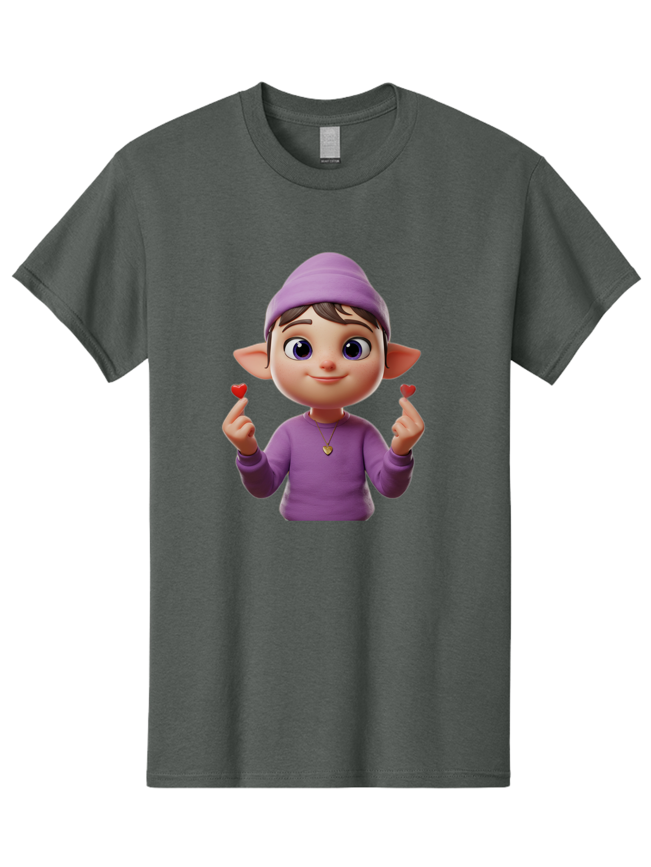 Elf-Boy Men'S Graphic Tee, 100% Cotton, Comfortable Casual Summer Wear, Machine Washable, Cartoon Elf, Fantasy Character, Purple Clothing, Heart-Shaped Objects, Cute Expression, 3D Illustration, Whimsical Design, Playful Atmosphere, Bab888