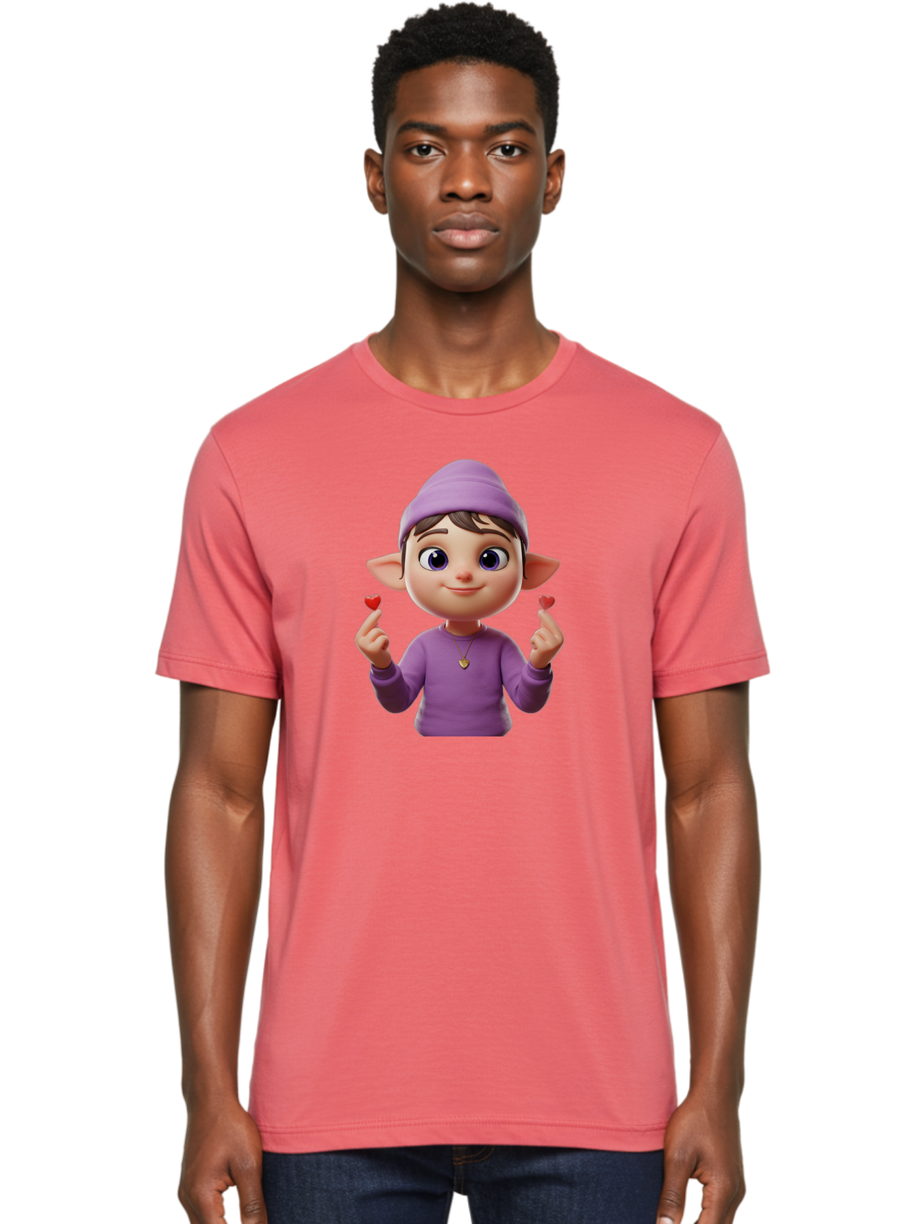 Elf-Boy Men'S Graphic Tee, 100% Cotton, Comfortable Casual Summer Wear, Machine Washable, Cartoon Elf, Fantasy Character, Purple Clothing, Heart-Shaped Objects, Cute Expression, 3D Illustration, Whimsical Design, Playful Atmosphere, Bab888