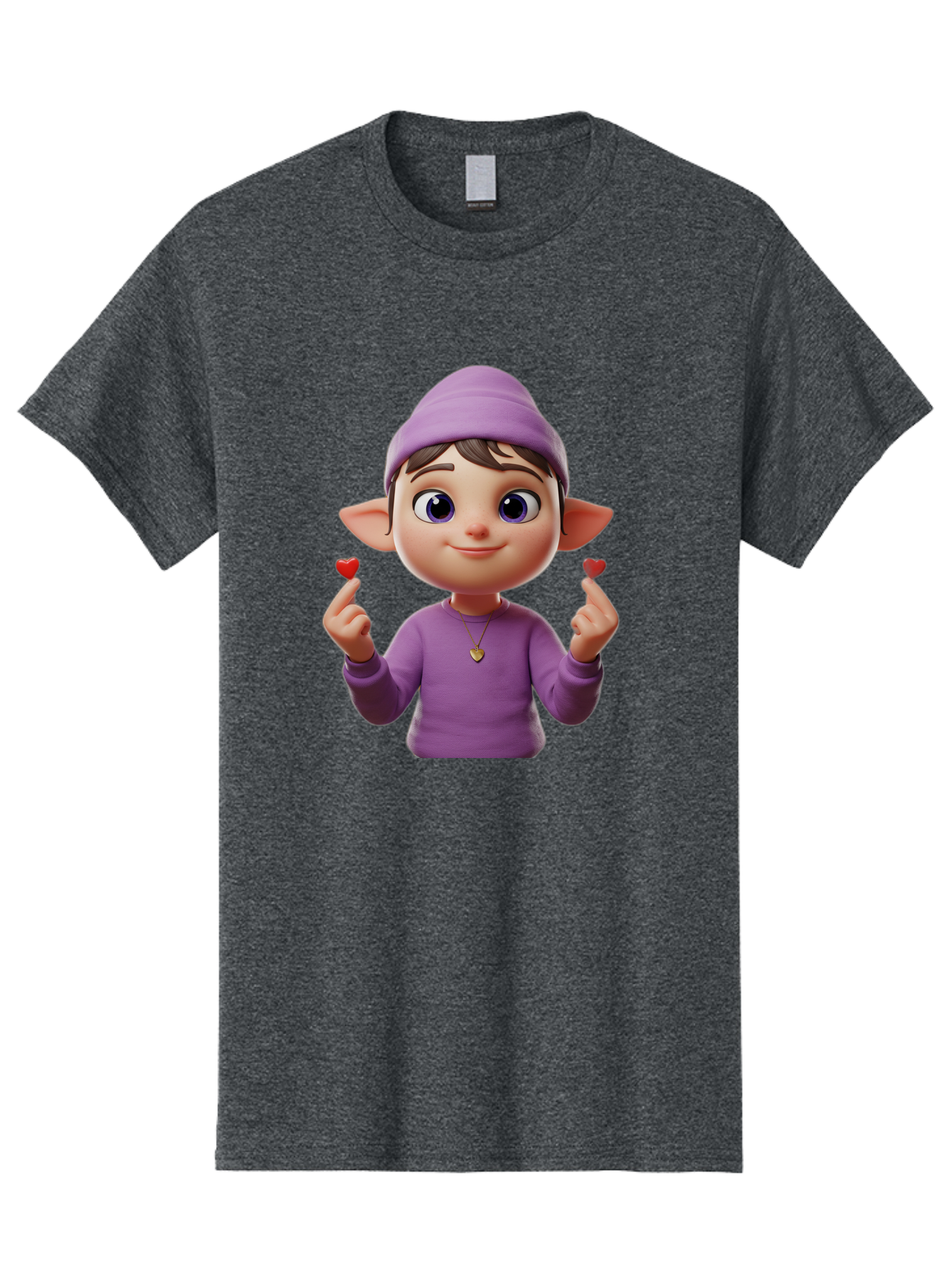 Elf-Boy Men'S Graphic Tee, 100% Cotton, Comfortable Casual Summer Wear, Machine Washable, Cartoon Elf, Fantasy Character, Purple Clothing, Heart-Shaped Objects, Cute Expression, 3D Illustration, Whimsical Design, Playful Atmosphere, Bab888