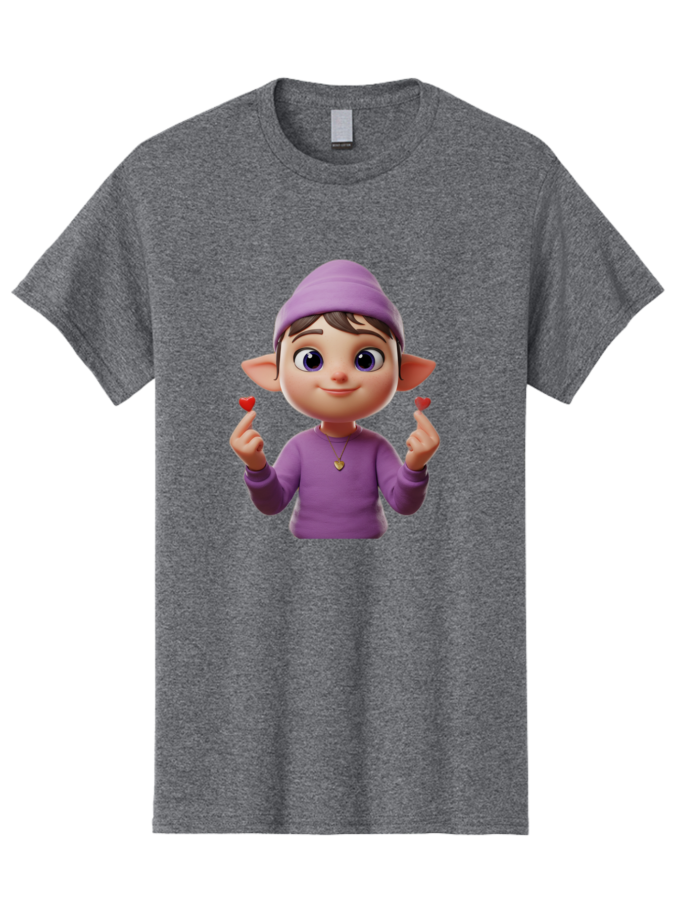 Elf-Boy Men'S Graphic Tee, 100% Cotton, Comfortable Casual Summer Wear, Machine Washable, Cartoon Elf, Fantasy Character, Purple Clothing, Heart-Shaped Objects, Cute Expression, 3D Illustration, Whimsical Design, Playful Atmosphere, Bab888