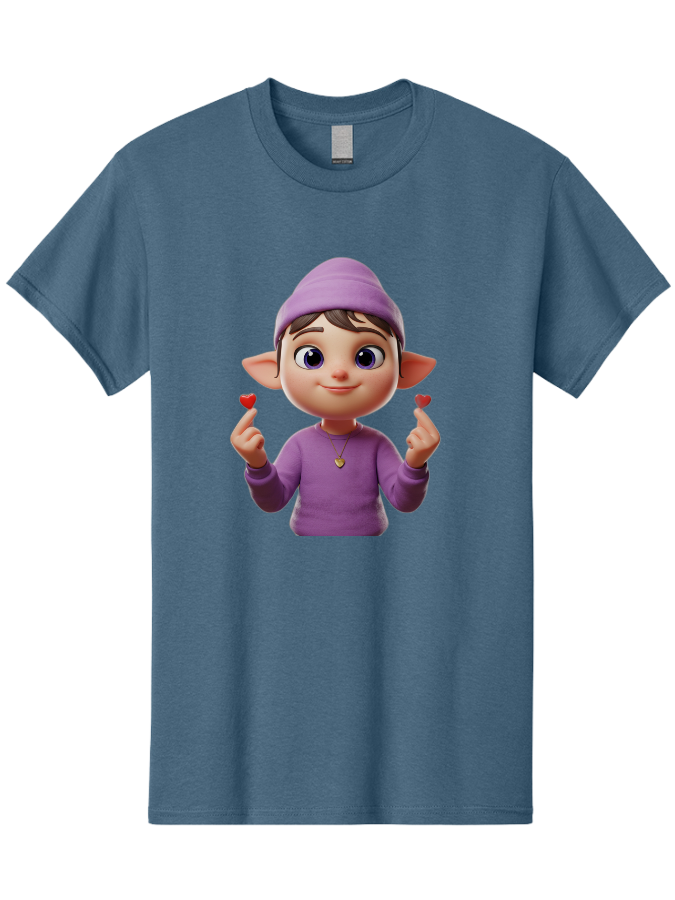 Elf-Boy Men'S Graphic Tee, 100% Cotton, Comfortable Casual Summer Wear, Machine Washable, Cartoon Elf, Fantasy Character, Purple Clothing, Heart-Shaped Objects, Cute Expression, 3D Illustration, Whimsical Design, Playful Atmosphere, Bab888