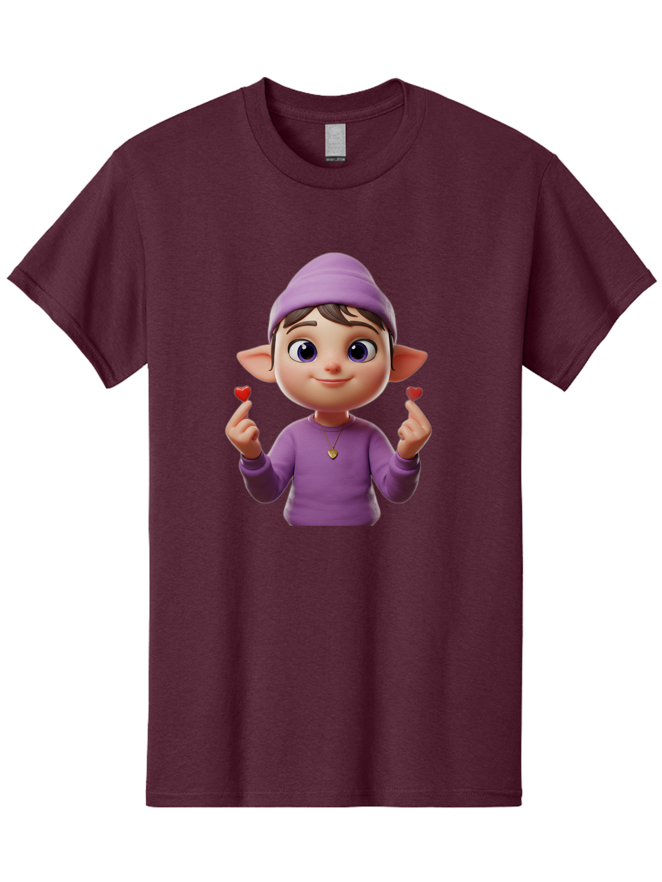 Elf-Boy Men'S Graphic Tee, 100% Cotton, Comfortable Casual Summer Wear, Machine Washable, Cartoon Elf, Fantasy Character, Purple Clothing, Heart-Shaped Objects, Cute Expression, 3D Illustration, Whimsical Design, Playful Atmosphere, Bab888