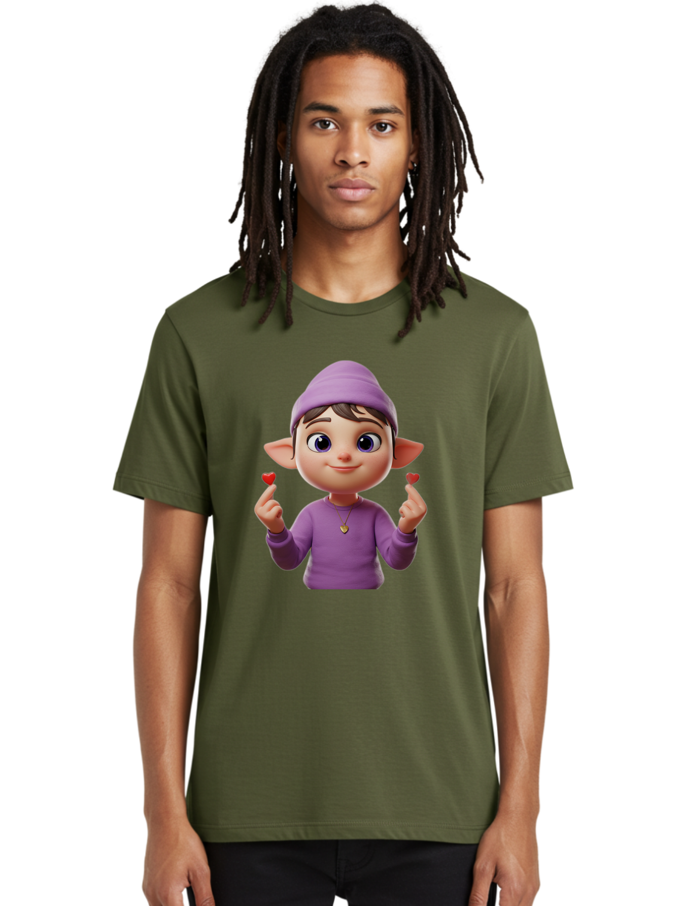 Elf-Boy Men'S Graphic Tee, 100% Cotton, Comfortable Casual Summer Wear, Machine Washable, Cartoon Elf, Fantasy Character, Purple Clothing, Heart-Shaped Objects, Cute Expression, 3D Illustration, Whimsical Design, Playful Atmosphere, Bab888