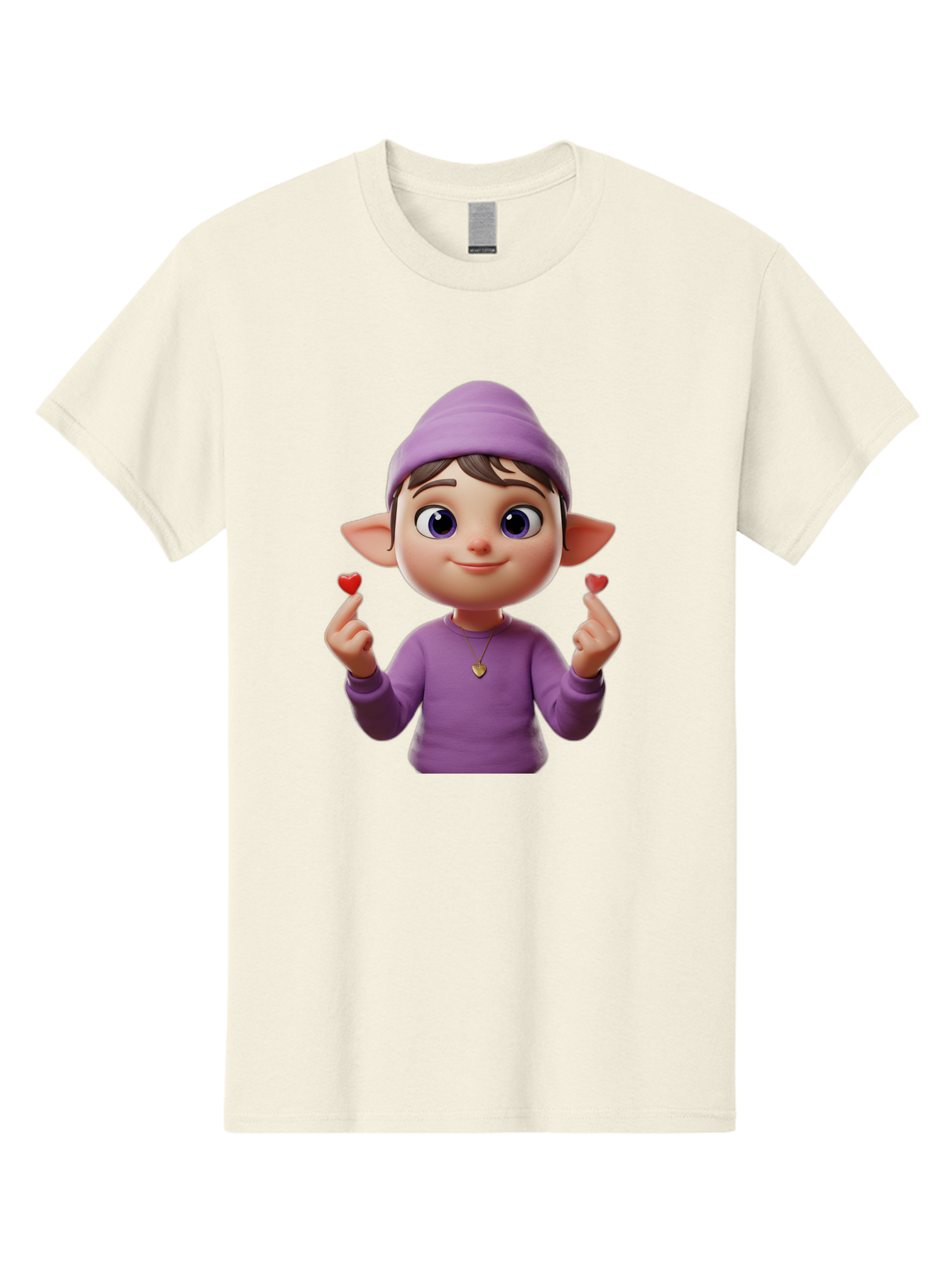 Elf-Boy Men'S Graphic Tee, 100% Cotton, Comfortable Casual Summer Wear, Machine Washable, Cartoon Elf, Fantasy Character, Purple Clothing, Heart-Shaped Objects, Cute Expression, 3D Illustration, Whimsical Design, Playful Atmosphere, Bab888