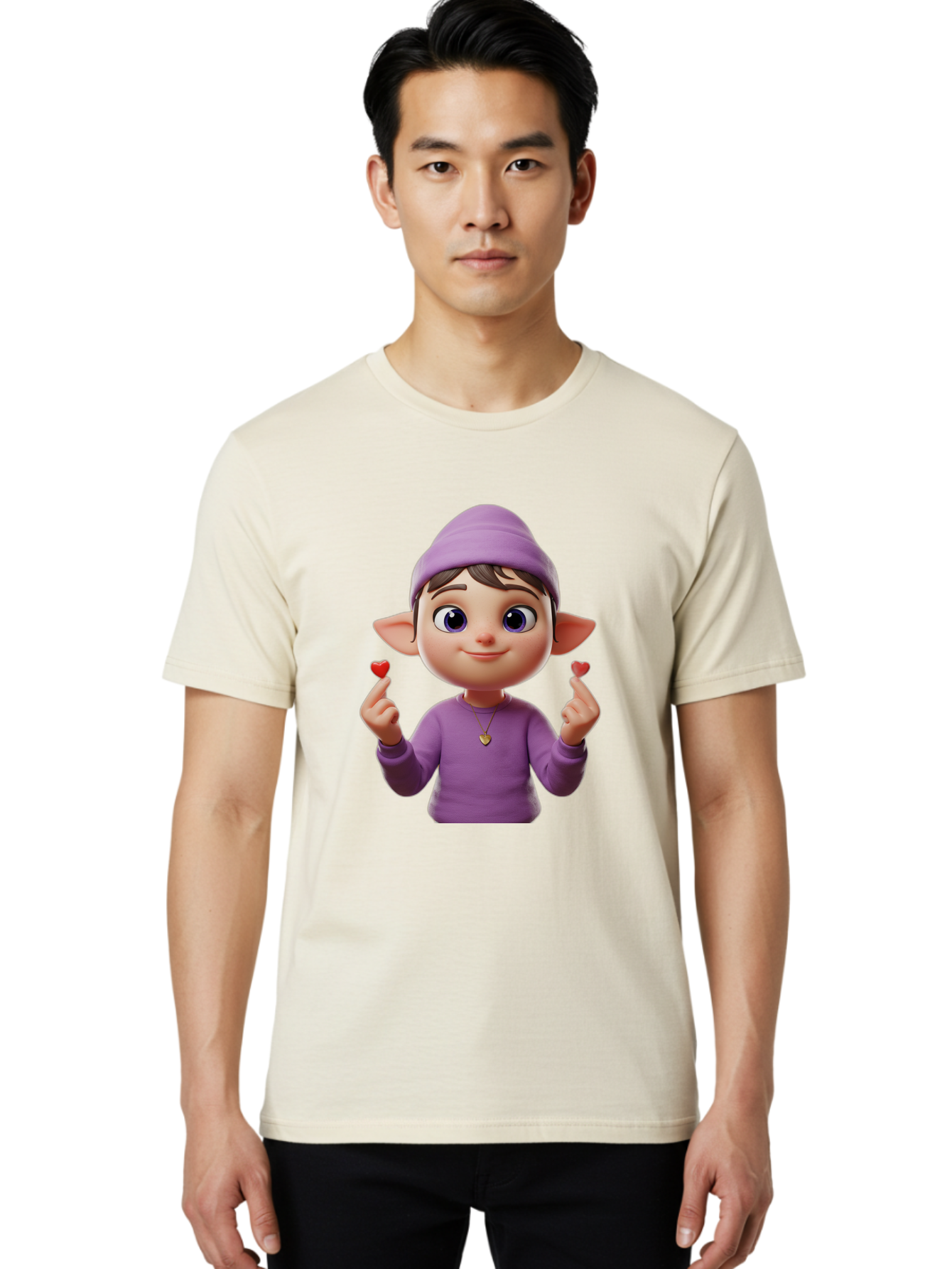 Elf-Boy Men'S Graphic Tee, 100% Cotton, Comfortable Casual Summer Wear, Machine Washable, Cartoon Elf, Fantasy Character, Purple Clothing, Heart-Shaped Objects, Cute Expression, 3D Illustration, Whimsical Design, Playful Atmosphere, Bab888