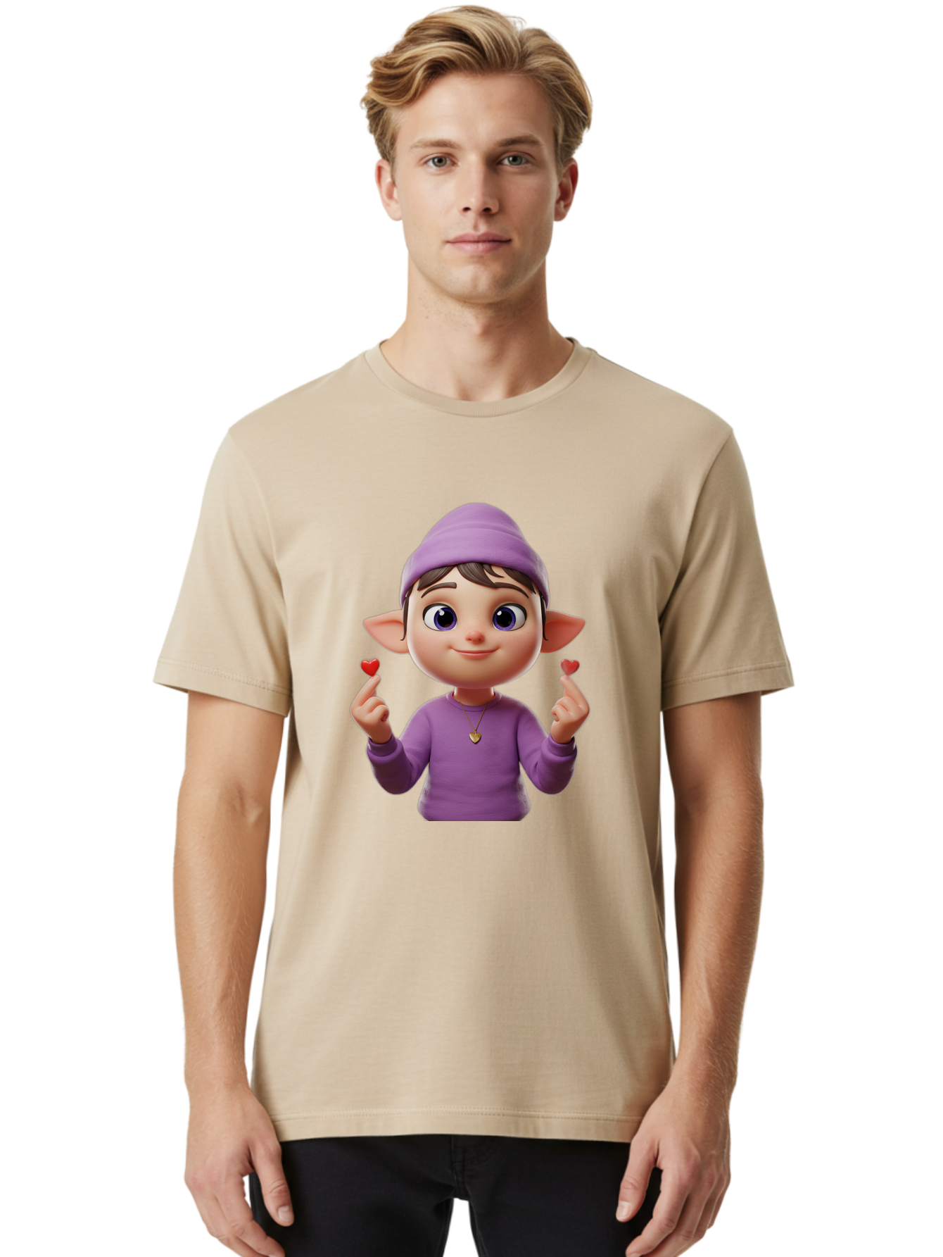 Elf-Boy Men'S Graphic Tee, 100% Cotton, Comfortable Casual Summer Wear, Machine Washable, Cartoon Elf, Fantasy Character, Purple Clothing, Heart-Shaped Objects, Cute Expression, 3D Illustration, Whimsical Design, Playful Atmosphere, Bab888