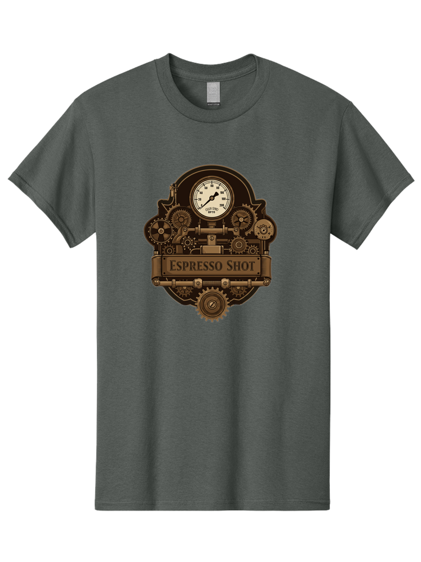 Espresso-Shot-2 Men'S Graphic Tee, 100% Cotton, Comfortable Casual Summer Wear, Machine Washable, Steampunk-Style Espresso Machine, Intricate Gears, Vintage Clock Face, Ottone, Industrial Design, Coffee Culture, Mechanical Parts, Bronze Tone, Bab892