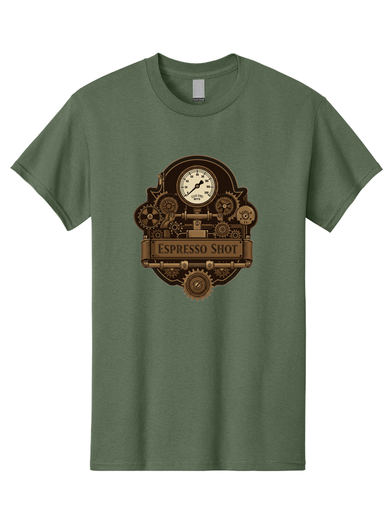 Espresso-Shot-2 Men'S Graphic Tee, 100% Cotton, Comfortable Casual Summer Wear, Machine Washable, Steampunk-Style Espresso Machine, Intricate Gears, Vintage Clock Face, Ottone, Industrial Design, Coffee Culture, Mechanical Parts, Bronze Tone, Bab892