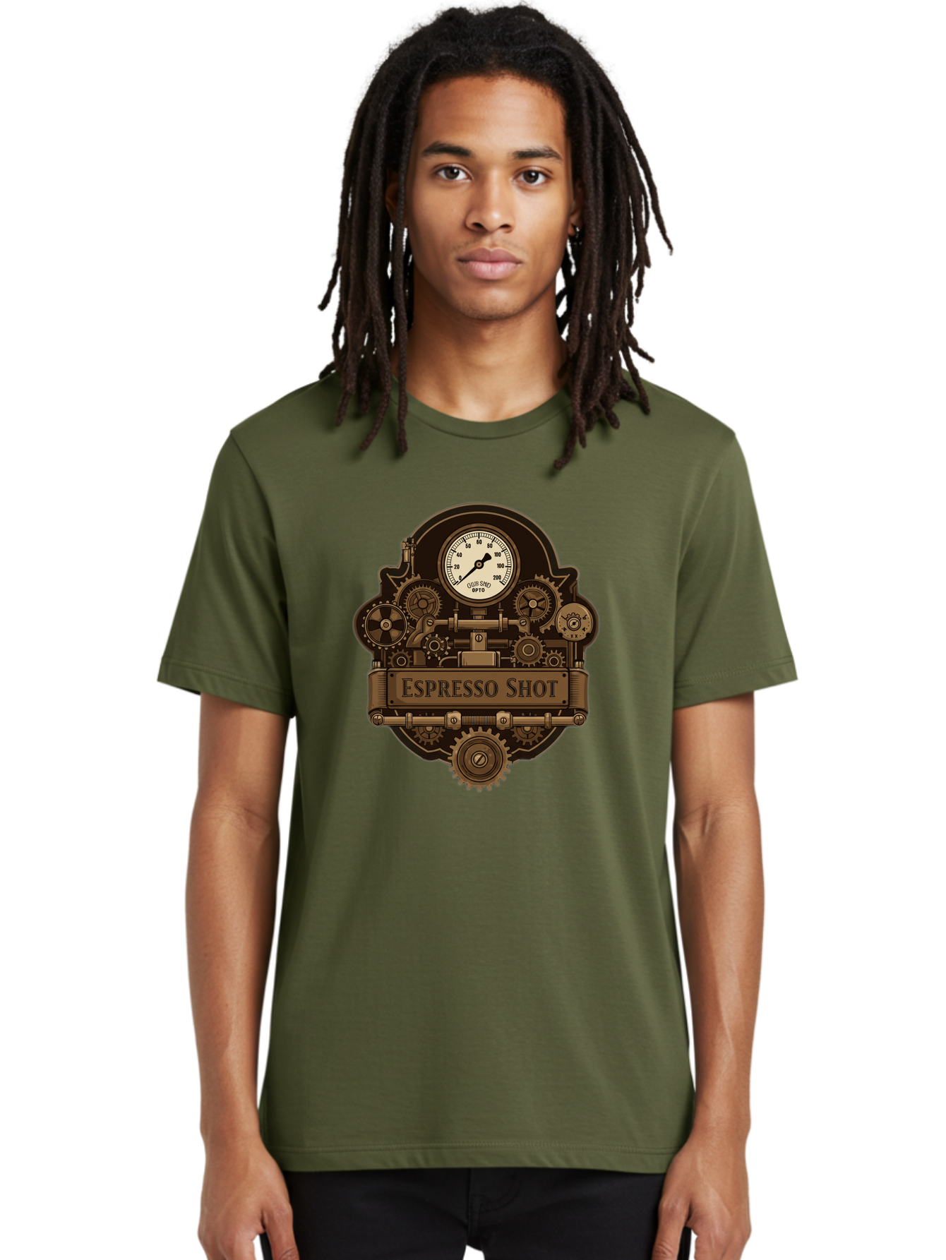 Espresso-Shot-2 Men'S Graphic Tee, 100% Cotton, Comfortable Casual Summer Wear, Machine Washable, Steampunk-Style Espresso Machine, Intricate Gears, Vintage Clock Face, Ottone, Industrial Design, Coffee Culture, Mechanical Parts, Bronze Tone, Bab892