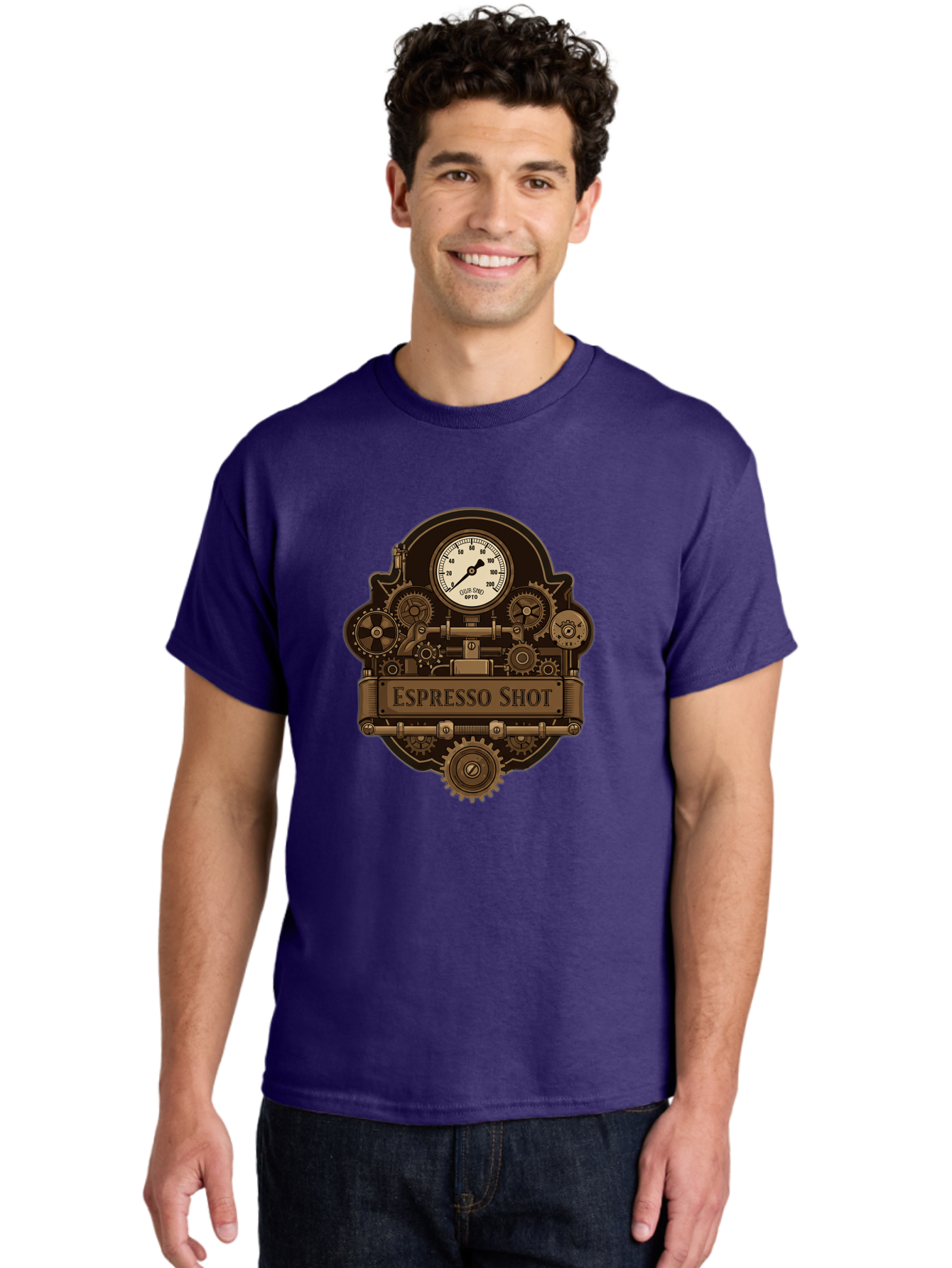 Espresso-Shot-2 Men'S Graphic Tee, 100% Cotton, Comfortable Casual Summer Wear, Machine Washable, Steampunk-Style Espresso Machine, Intricate Gears, Vintage Clock Face, Ottone, Industrial Design, Coffee Culture, Mechanical Parts, Bronze Tone, Bab892