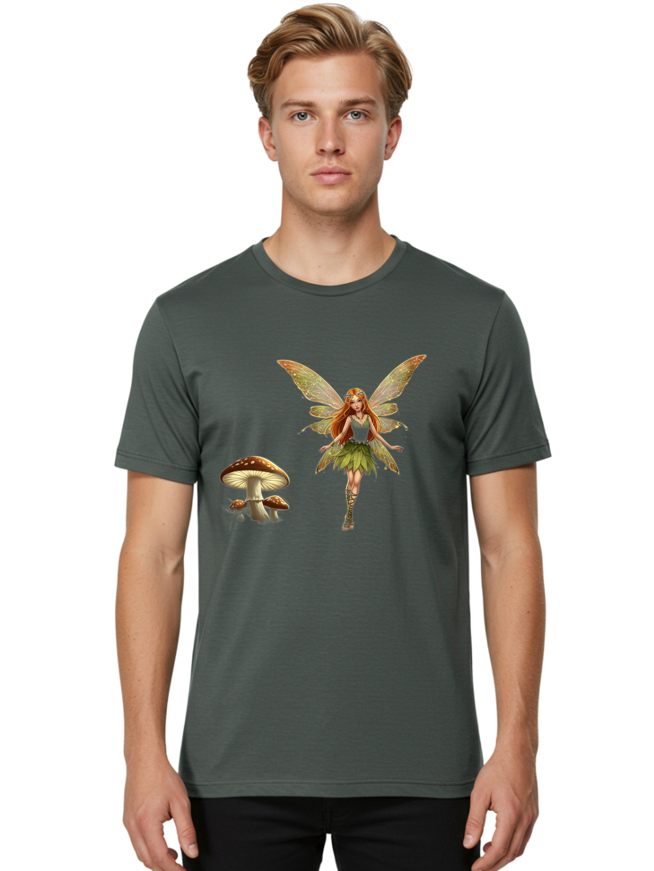 Fairy-With-Mushrooms Men'S Graphic Tee, 100% Cotton, Comfortable Casual Summer Wear, Machine Washable, Fairy With Wings, Green Dress, Red Hair, Mushrooms, Fantasy Creature, Mythical Being, Magical, Mystical, Whimsical, Enchanting Bab895
