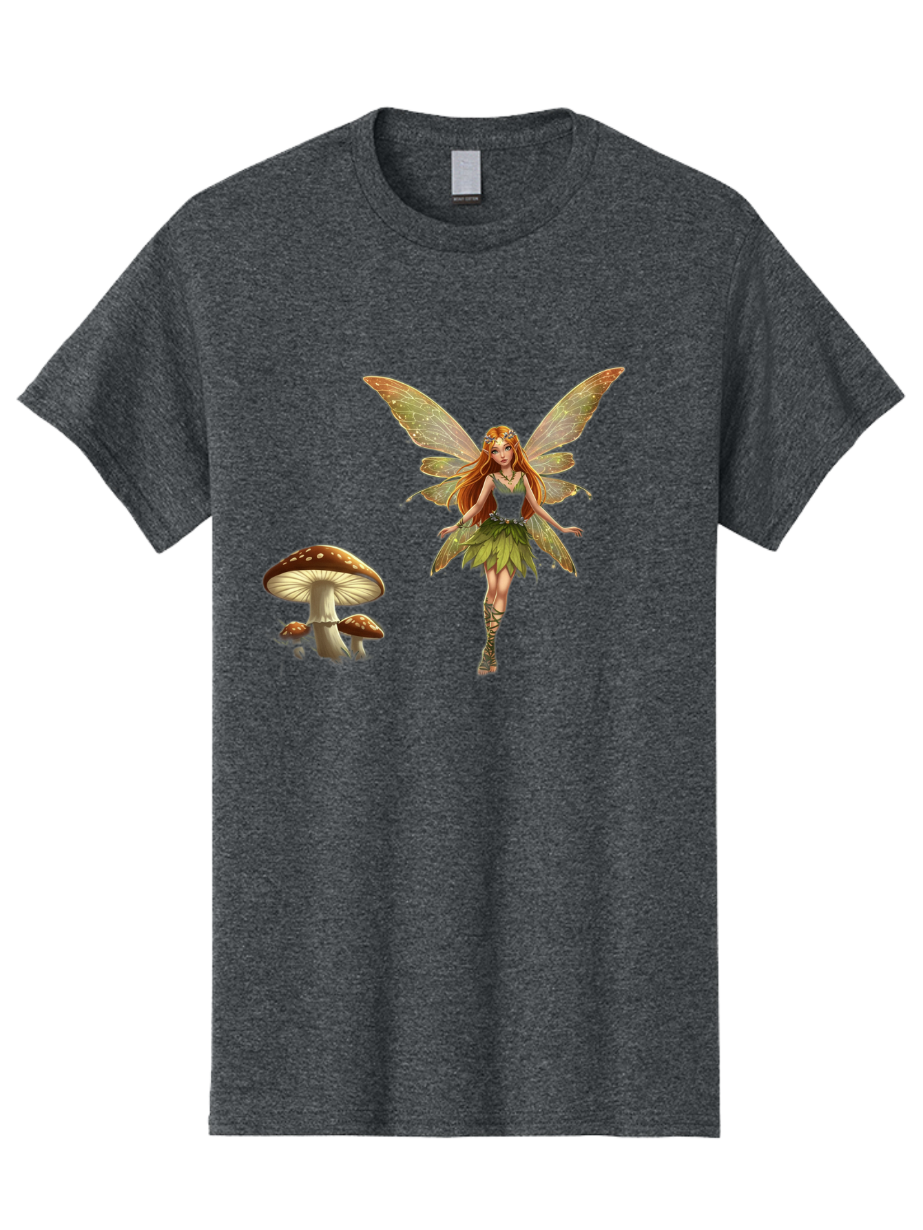 Fairy-With-Mushrooms Men'S Graphic Tee, 100% Cotton, Comfortable Casual Summer Wear, Machine Washable, Fairy With Wings, Green Dress, Red Hair, Mushrooms, Fantasy Creature, Mythical Being, Magical, Mystical, Whimsical, Enchanting Bab895