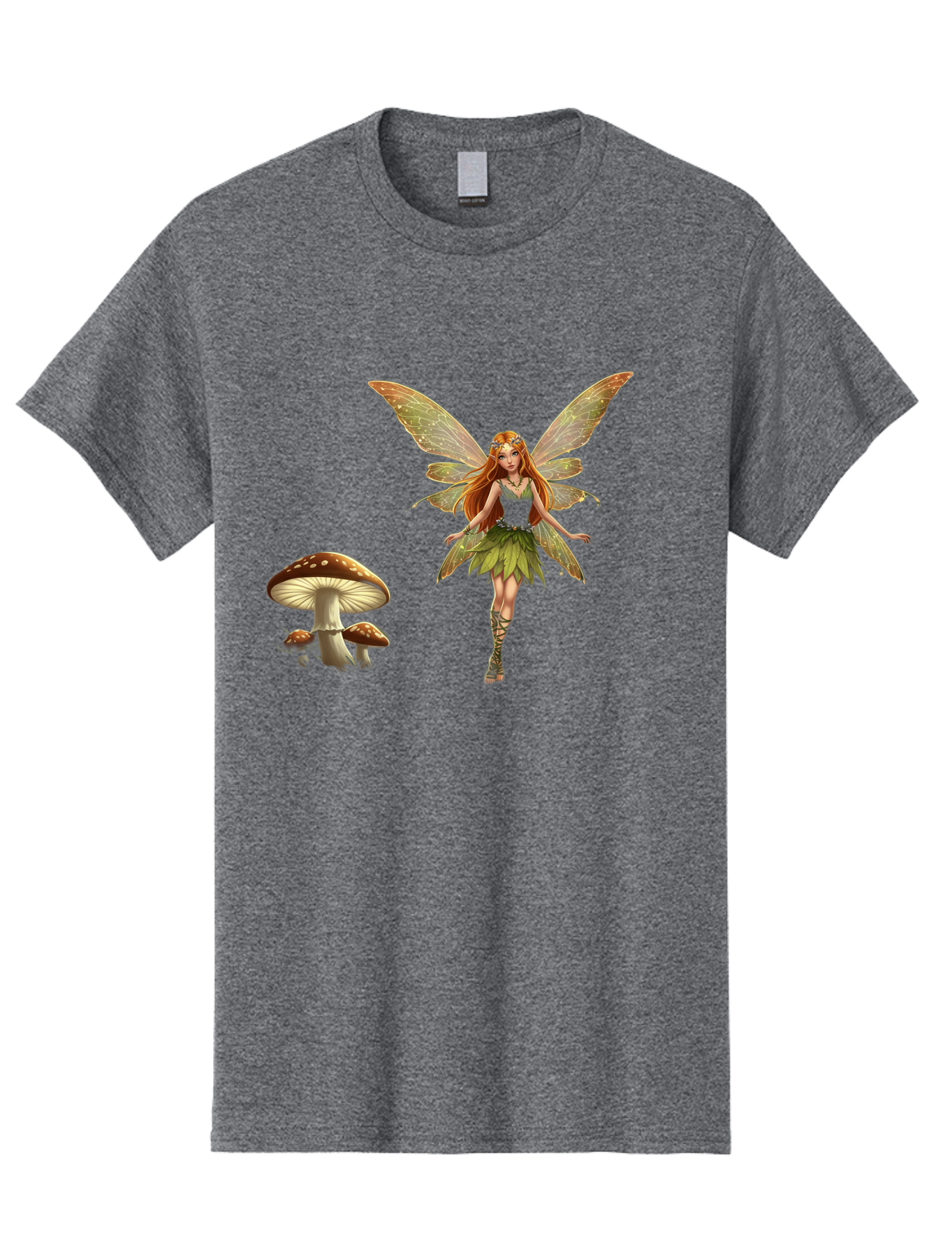 Fairy-With-Mushrooms Men'S Graphic Tee, 100% Cotton, Comfortable Casual Summer Wear, Machine Washable, Fairy With Wings, Green Dress, Red Hair, Mushrooms, Fantasy Creature, Mythical Being, Magical, Mystical, Whimsical, Enchanting Bab895