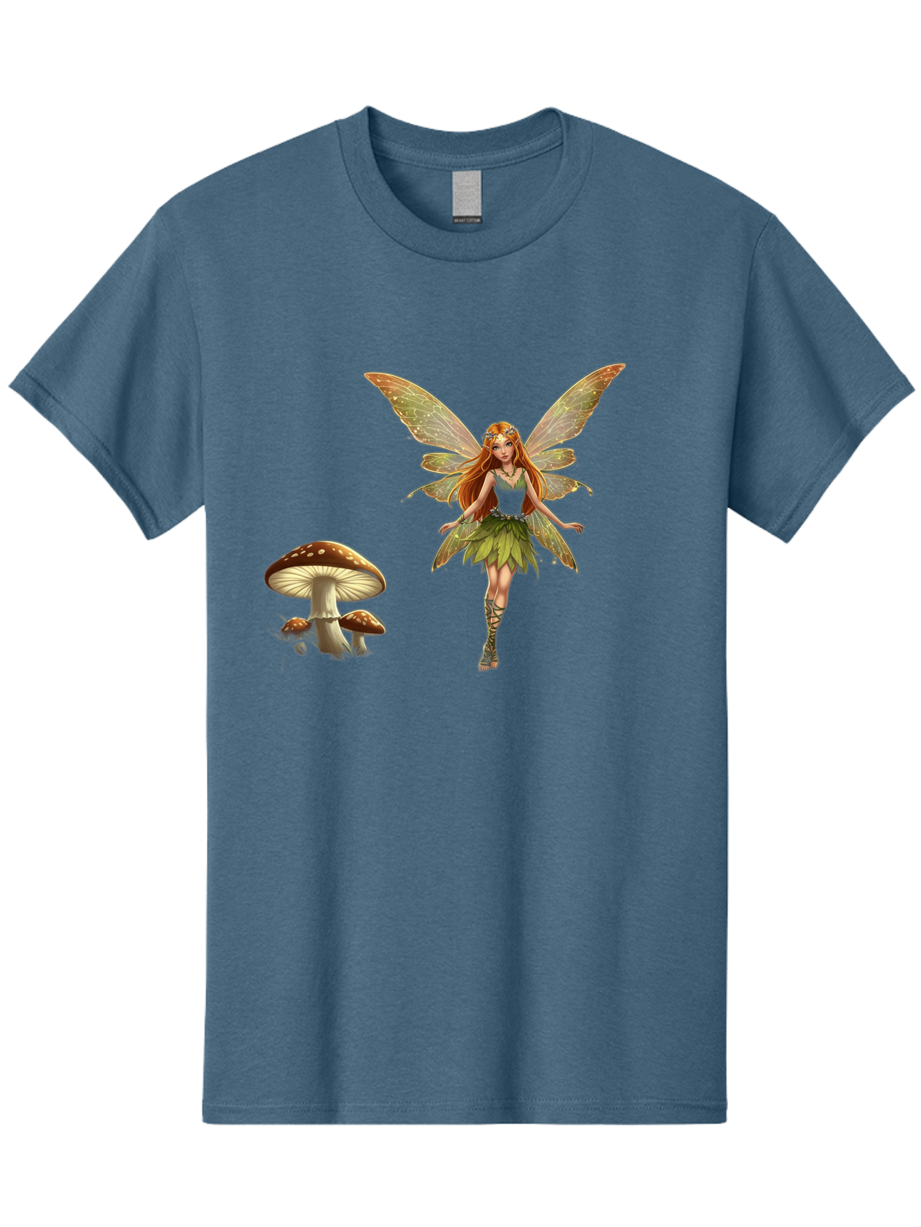 Fairy-With-Mushrooms Men'S Graphic Tee, 100% Cotton, Comfortable Casual Summer Wear, Machine Washable, Fairy With Wings, Green Dress, Red Hair, Mushrooms, Fantasy Creature, Mythical Being, Magical, Mystical, Whimsical, Enchanting Bab895